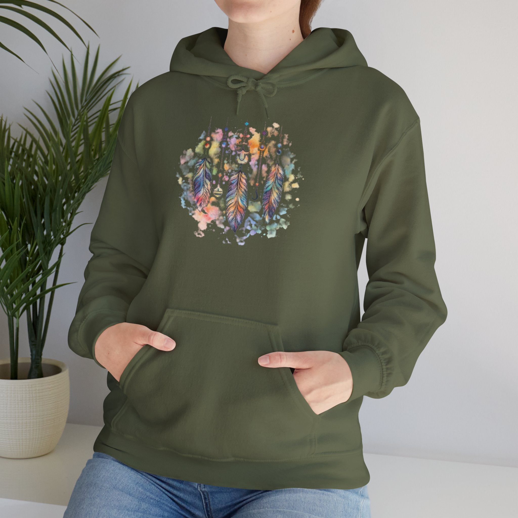 Boho Feather Dreamcatcher Hoodie — Watercolor Tribal Feathers Pullover