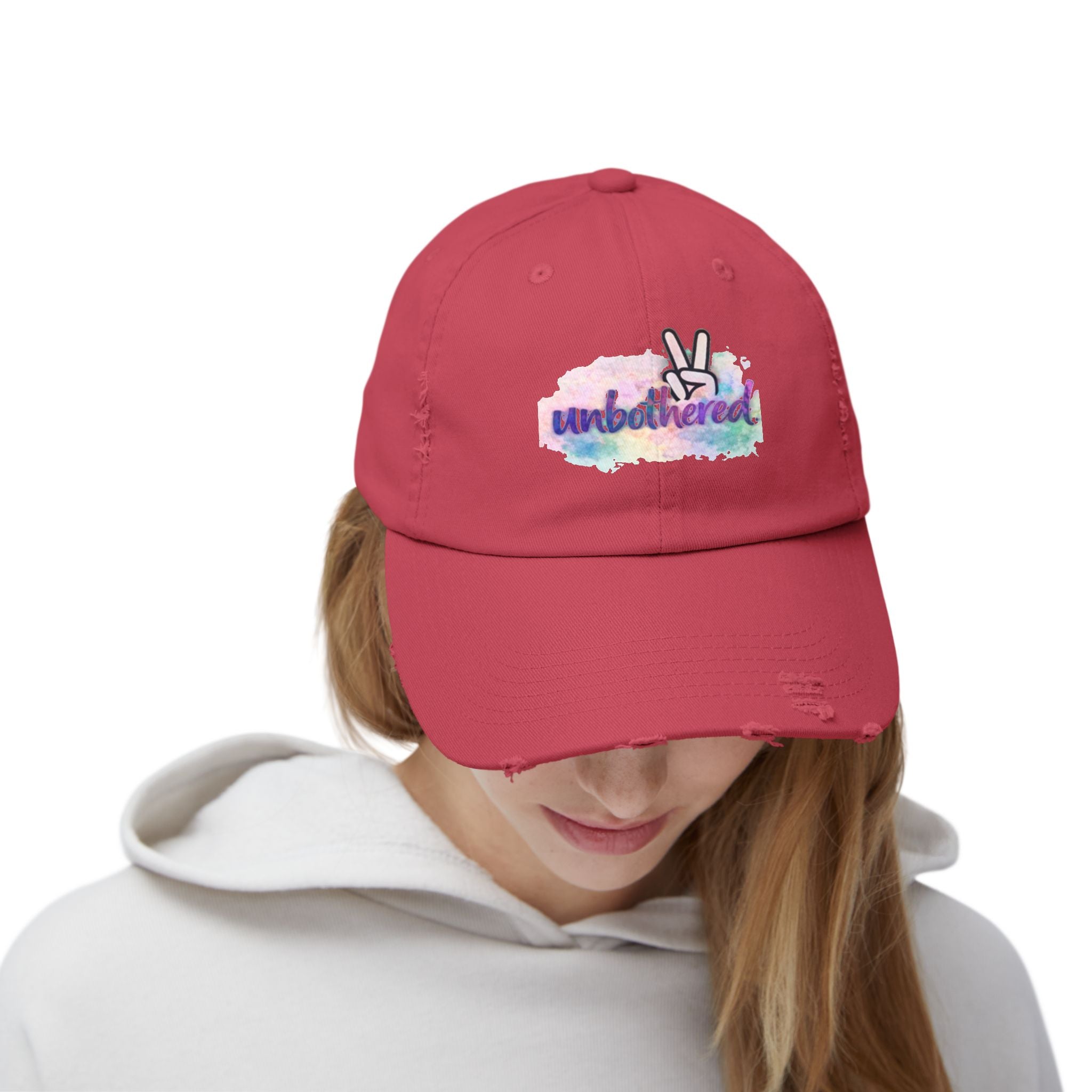 Unbothered Distressed Cap — Pastel Peace Sign Baseball Hat