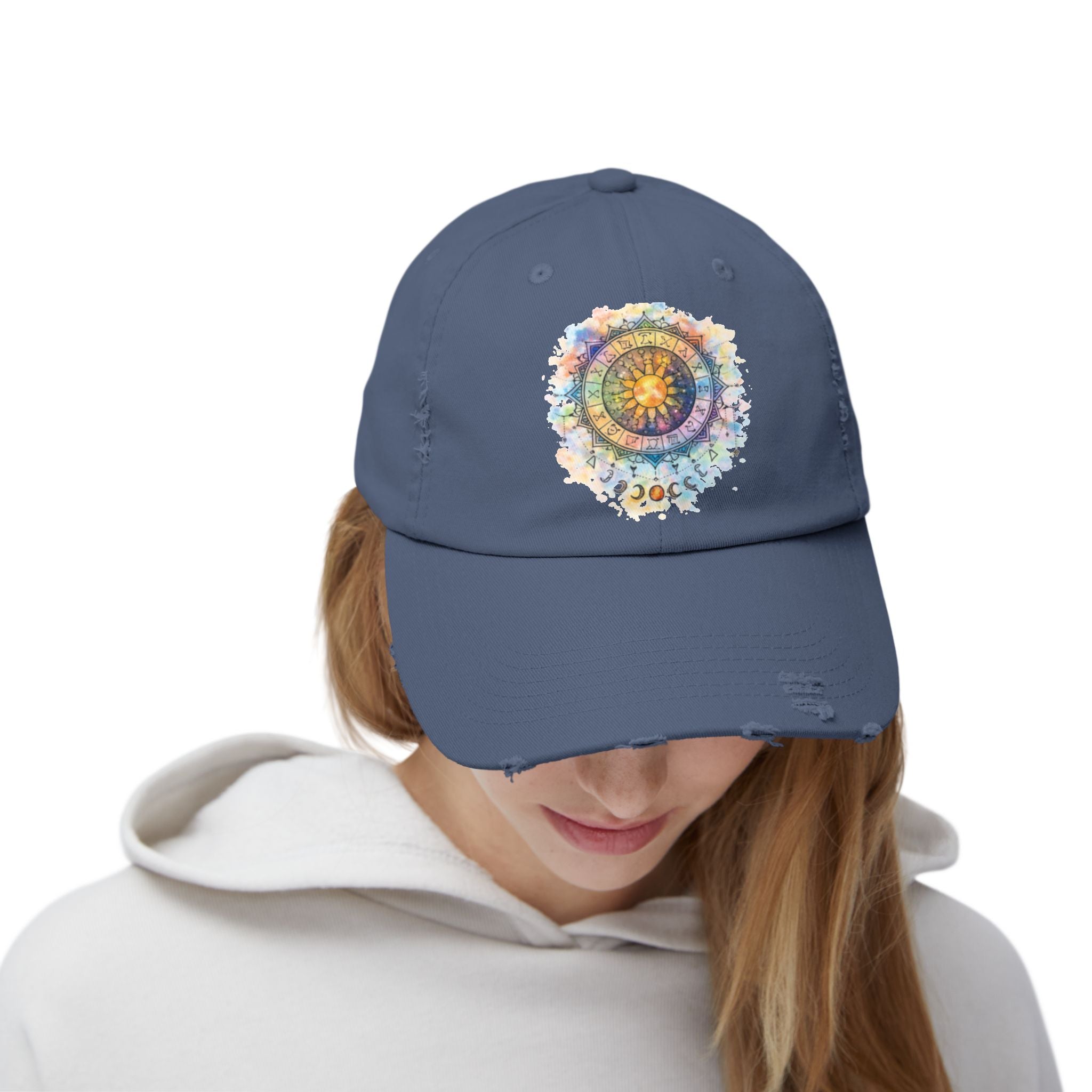 Distressed Cap — Watercolor Compass Mandala Hat