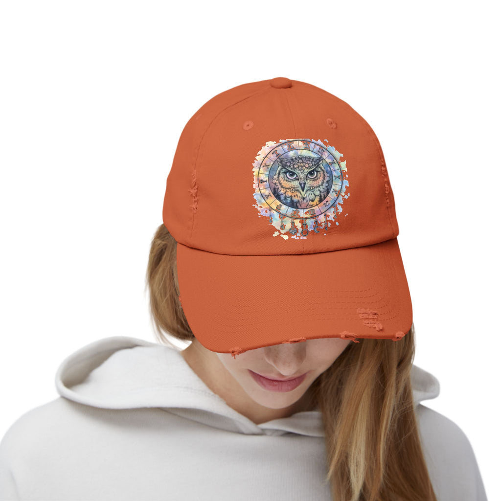 Watercolor Owl Distressed Unisex Hat