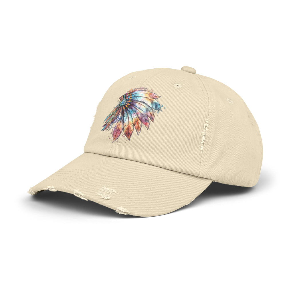Distressed Cap with Colorful Watercolor Native Feather Headdress