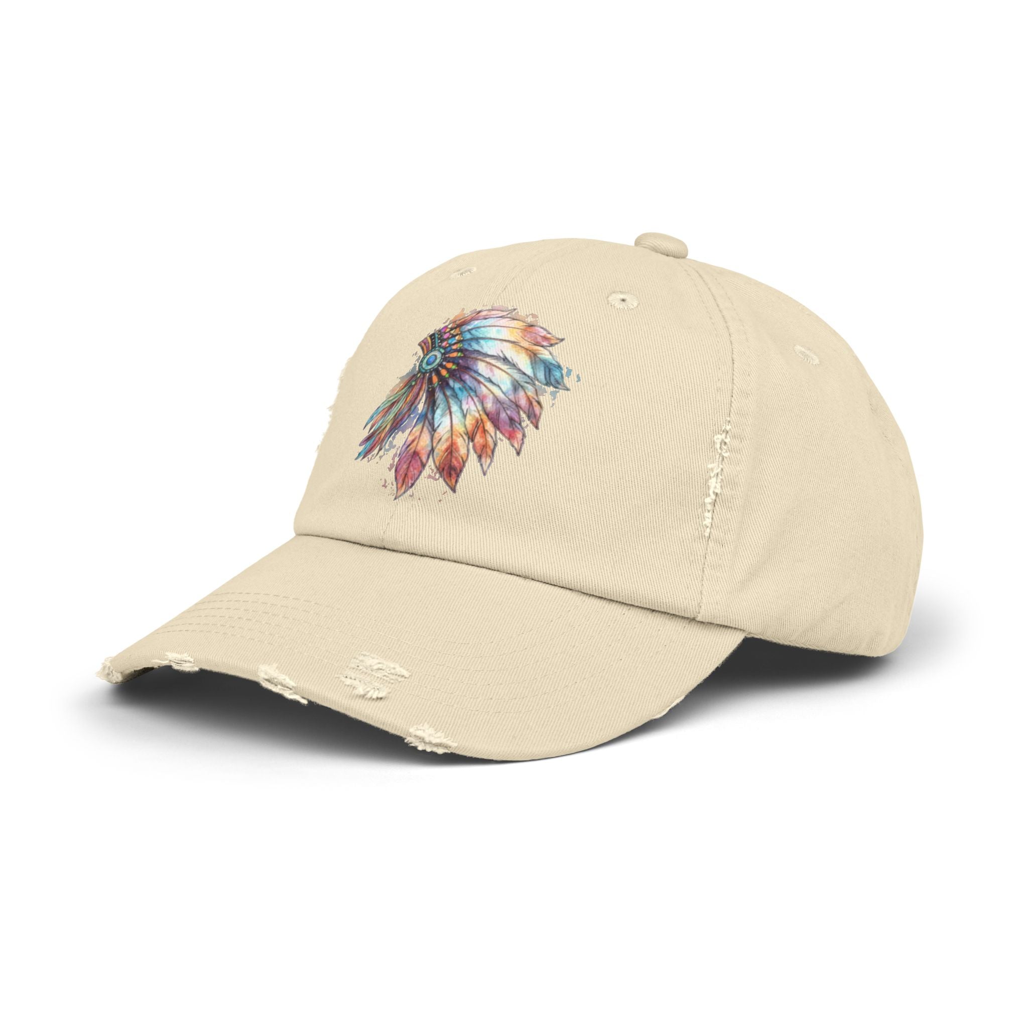 Distressed Cap with Colorful Watercolor Native Feather Headdress