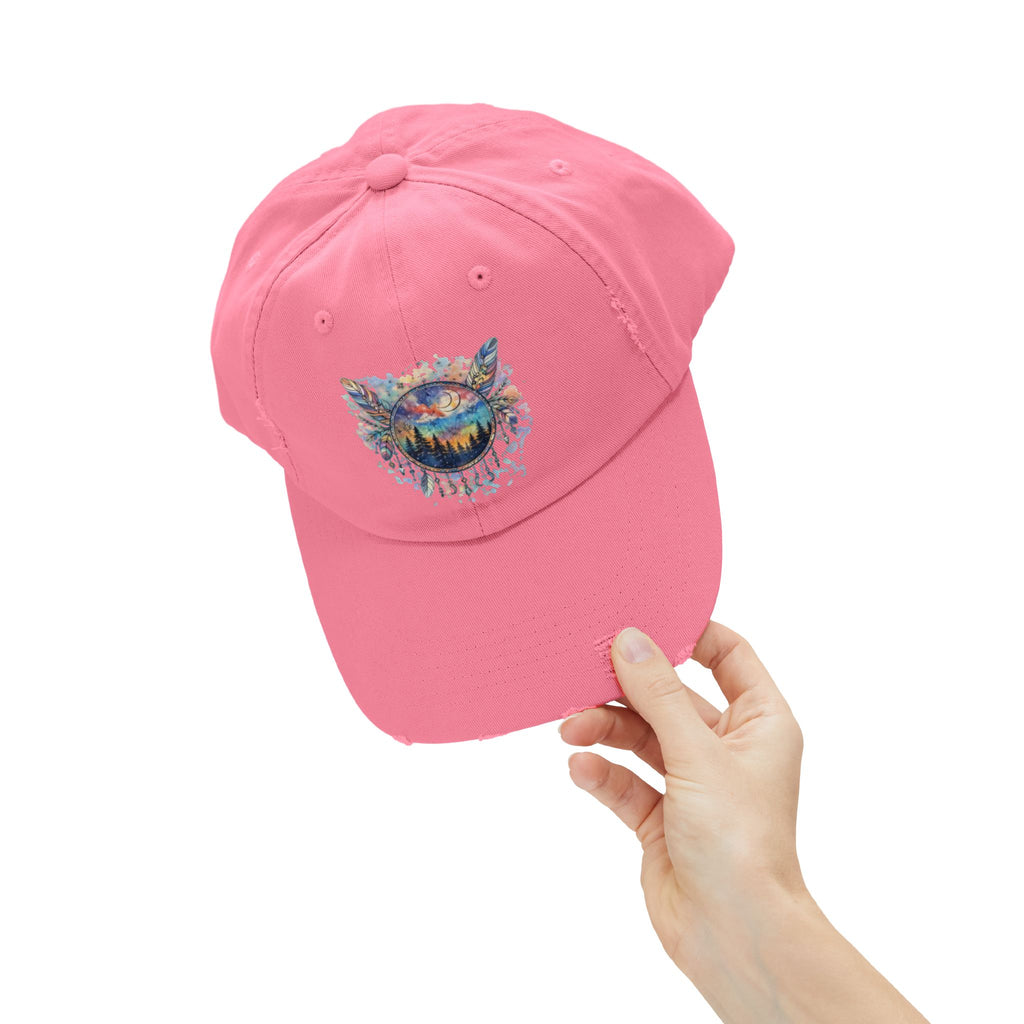 Wolf Moon Distressed Cap — Watercolor Nightscape Hat