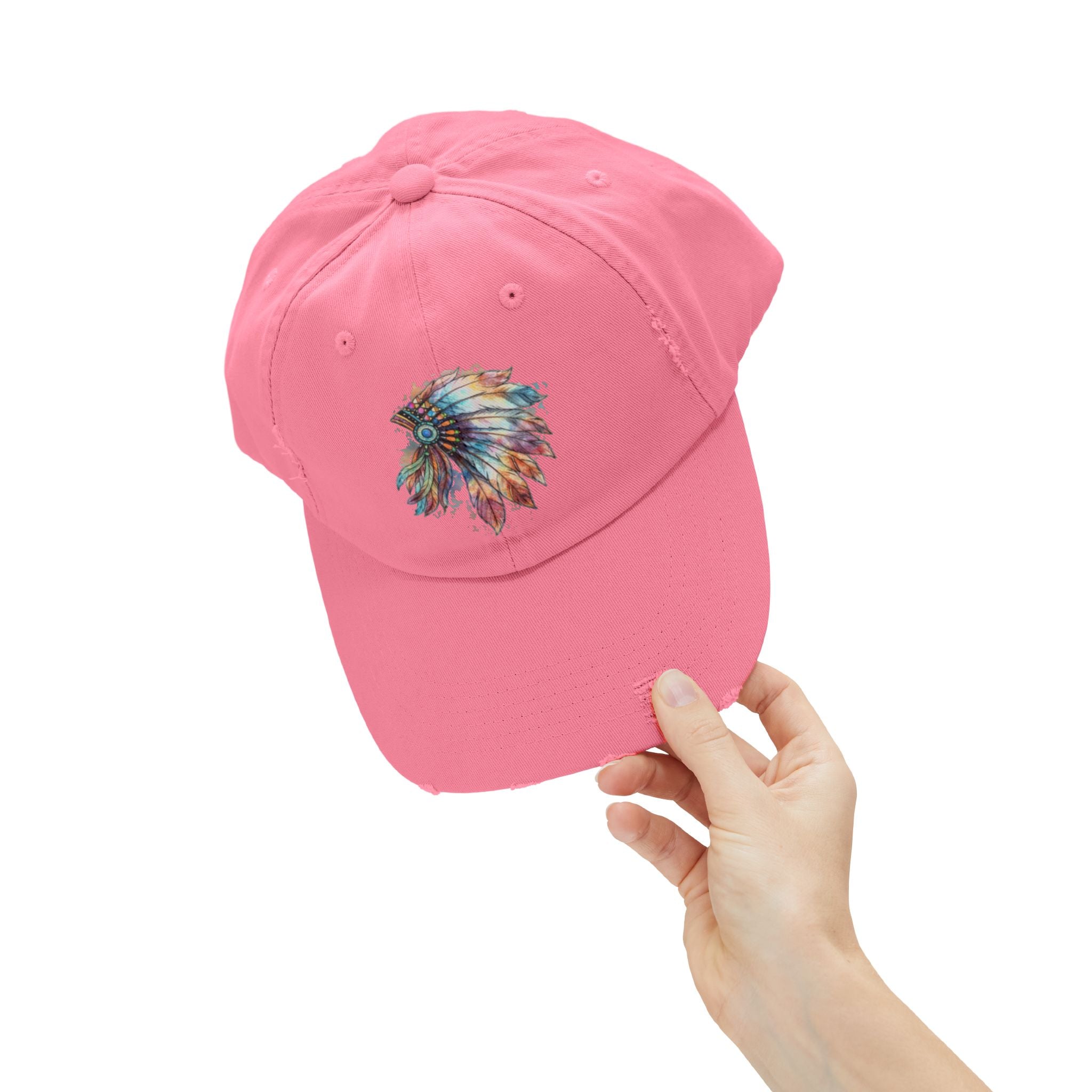 Distressed Cap with Colorful Watercolor Native Feather Headdress
