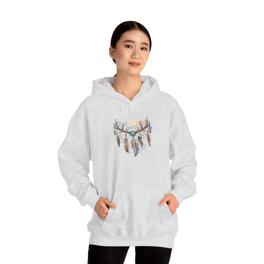 Dreamcatcher Antler Hoodie — Watercolor Feathers & Floral Boho Sweatshirt