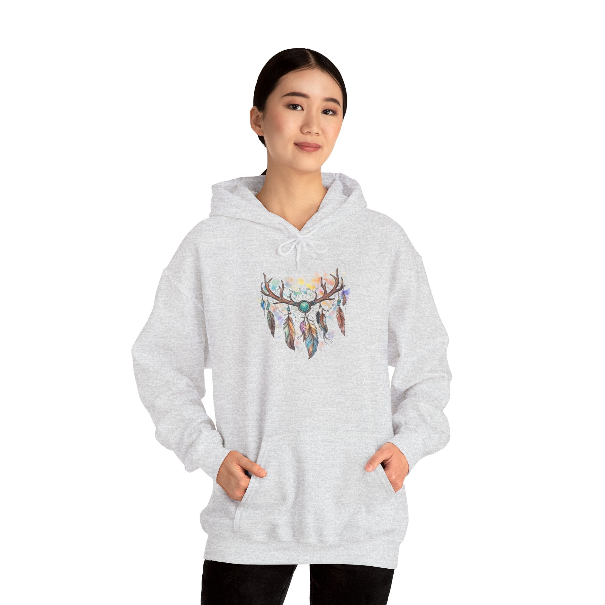Dreamcatcher Antler Hoodie — Watercolor Feathers & Floral Boho Sweatshirt