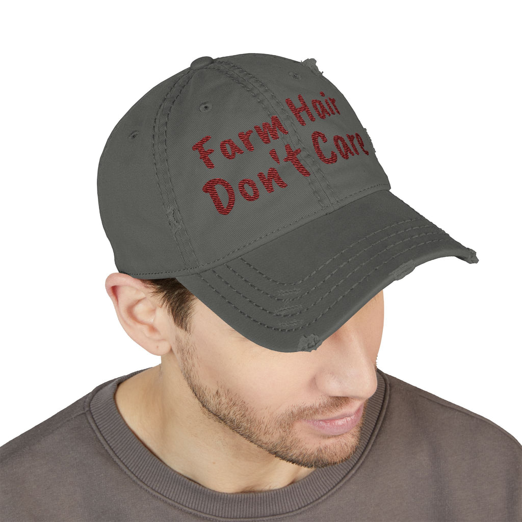 Distressed Dad Hat — "Farm Hair Don’t Care" Embroidered Cap