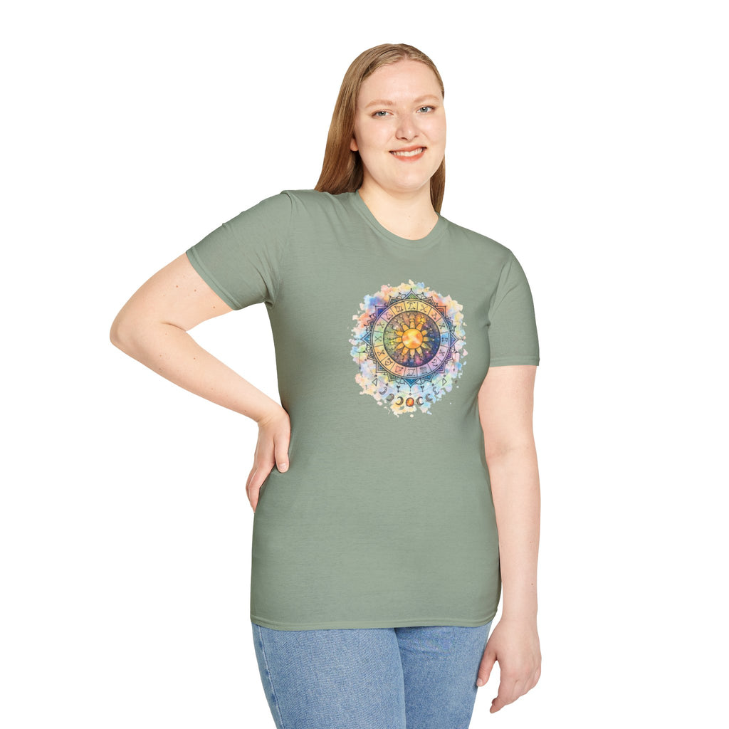 Sun & Moon Zodiac T-Shirt — Watercolor Astrological Mandala Tee