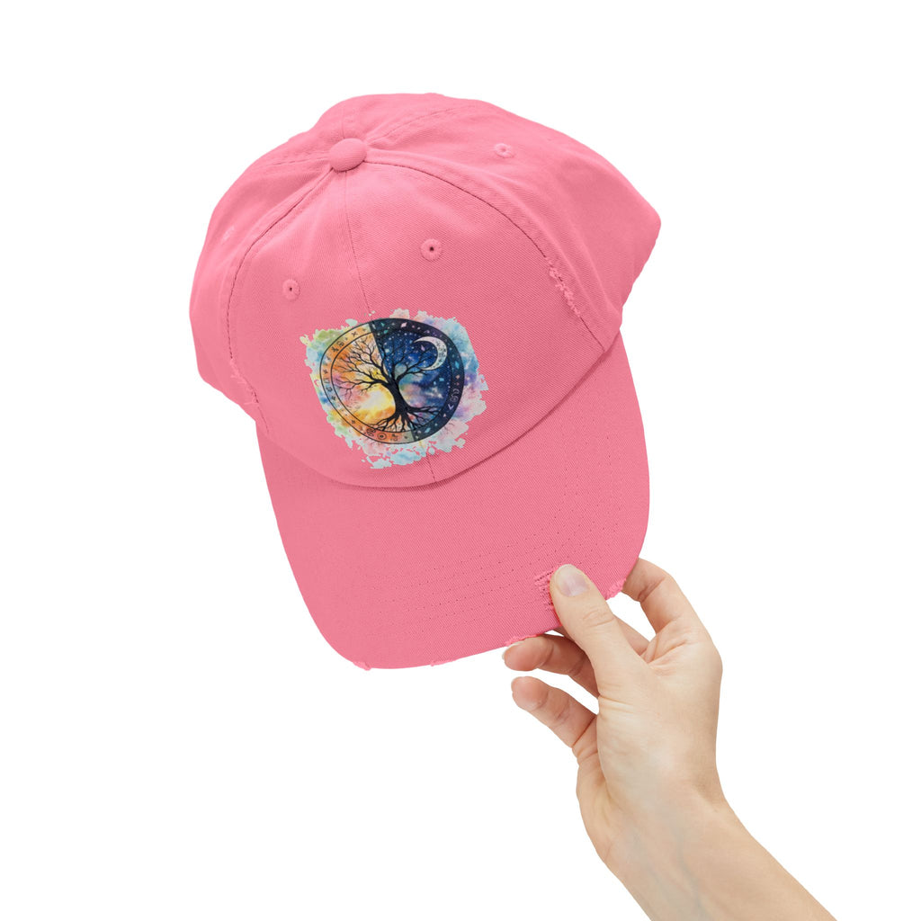 Distressed Cap — Watercolor Yin Yang Tree Baseball Hat
