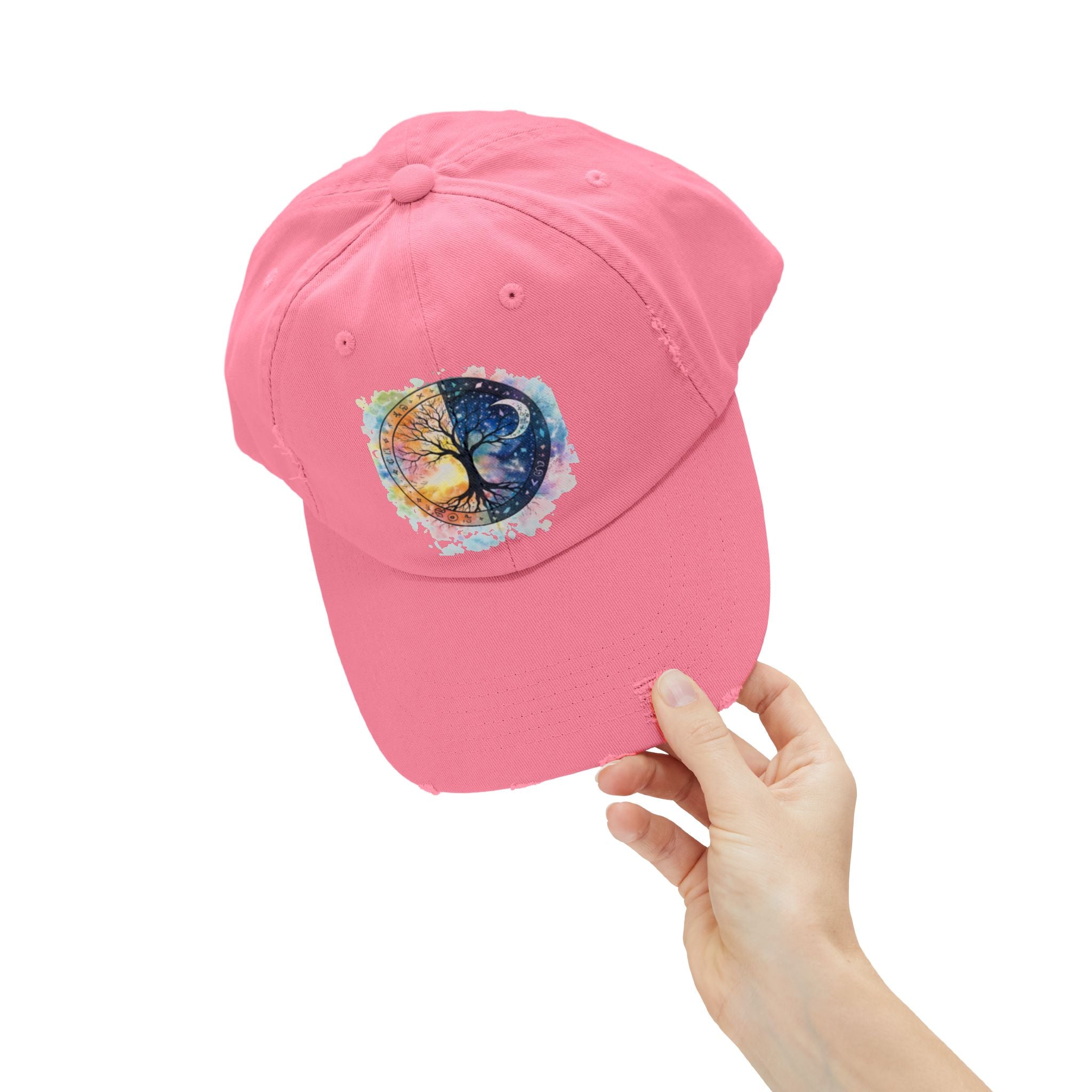 Distressed Cap — Watercolor Yin Yang Tree Baseball Hat
