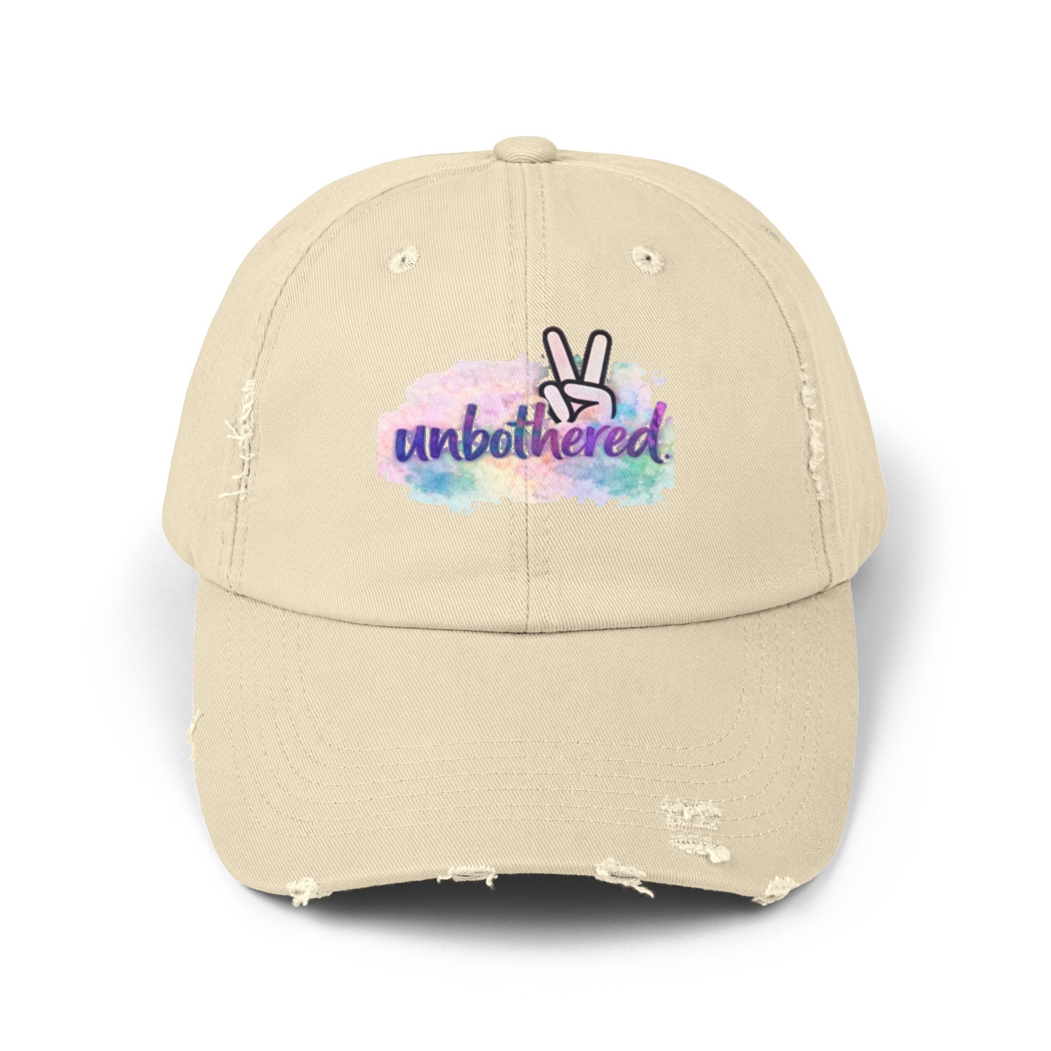 Unbothered Distressed Cap — Pastel Peace Sign Baseball Hat