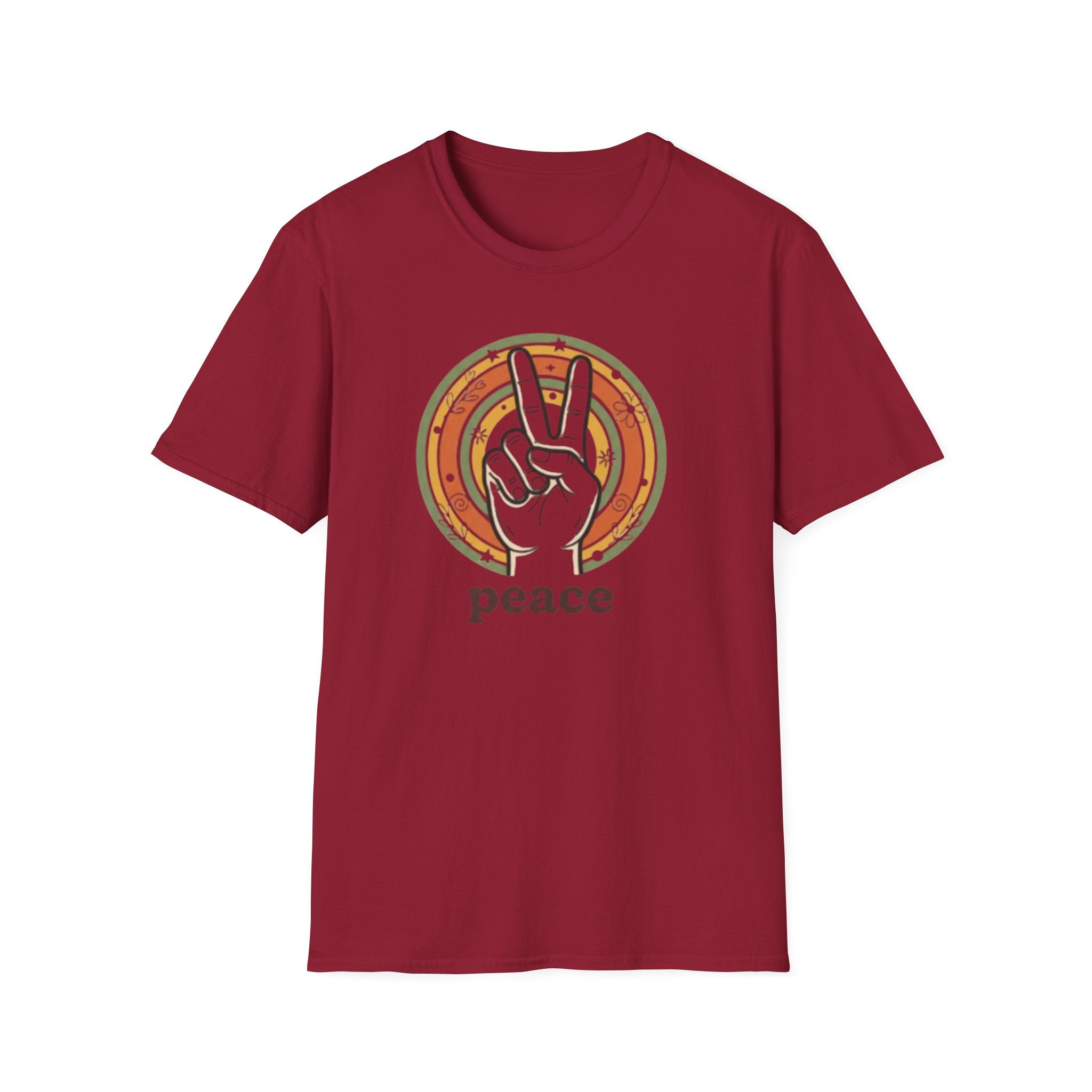 Peace Hand Sign T-Shirt | Retro Rainbow Circle, Vintage Hippie Vibe