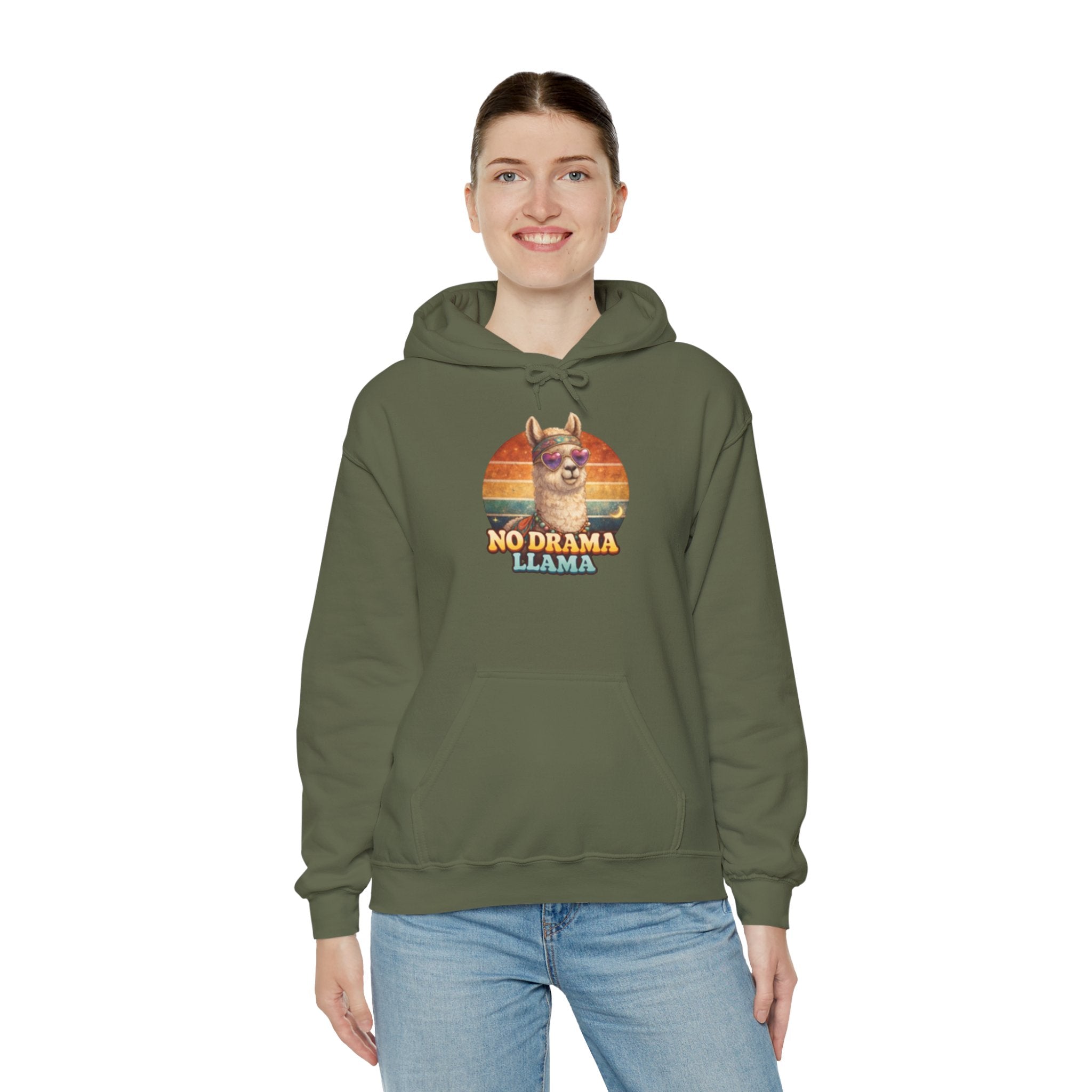 No Drama Llama Hoodie – Retro Sunset Graphic Pullover