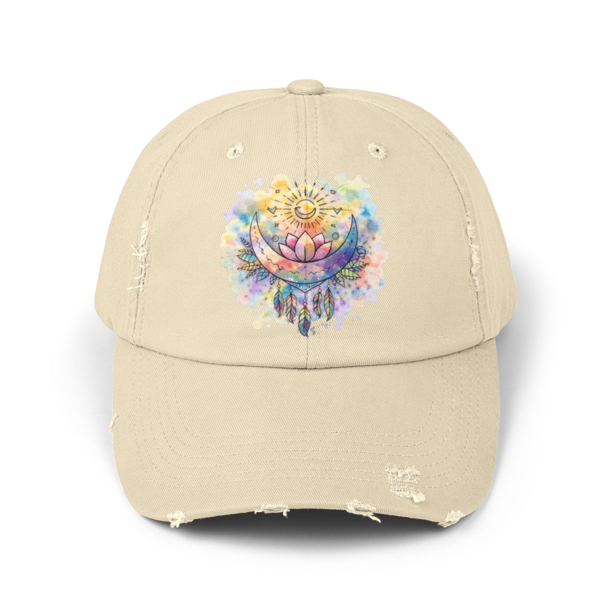 Distressed Cap with Watercolor Lotus & Crescent Moon — Boho Yoga Hat