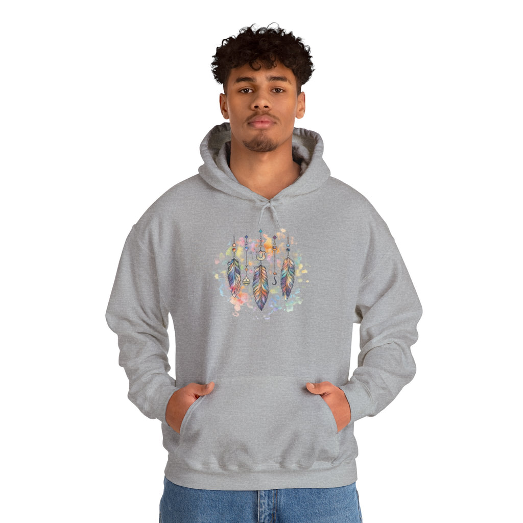 Boho Feather Dreamcatcher Hoodie — Watercolor Tribal Feathers Pullover