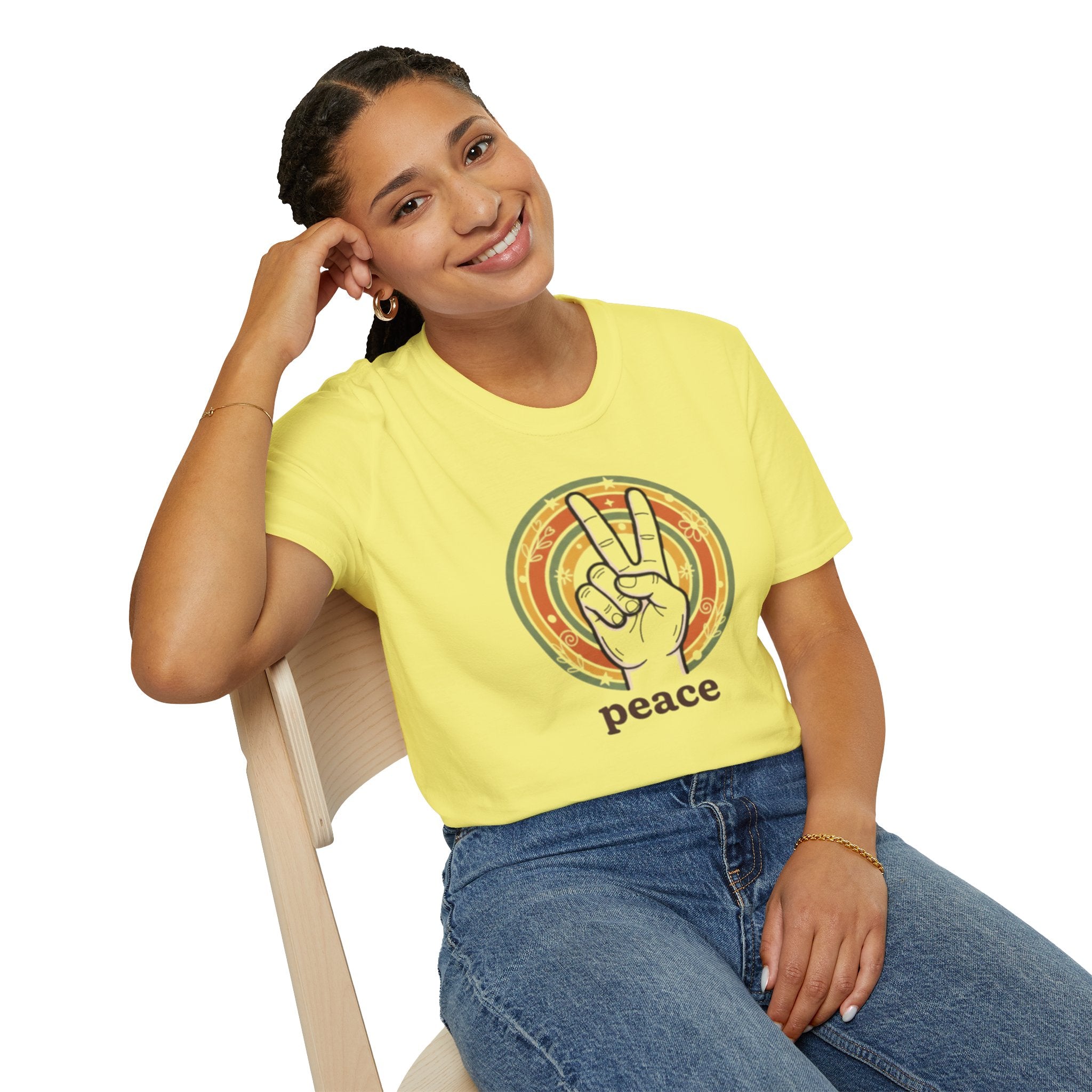Peace Hand Sign T-Shirt | Retro Rainbow Circle, Vintage Hippie Vibe