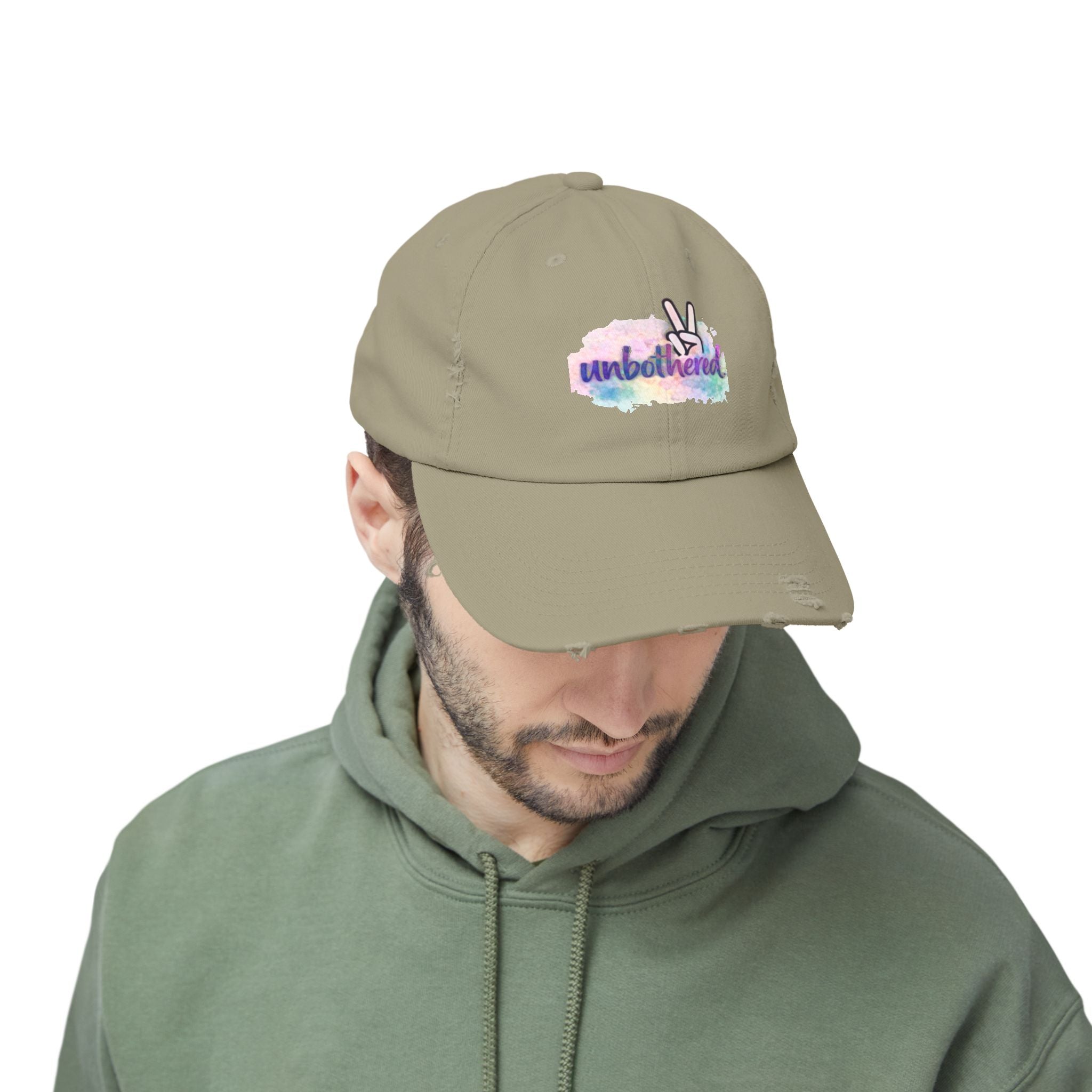 Unbothered Distressed Cap — Pastel Peace Sign Baseball Hat