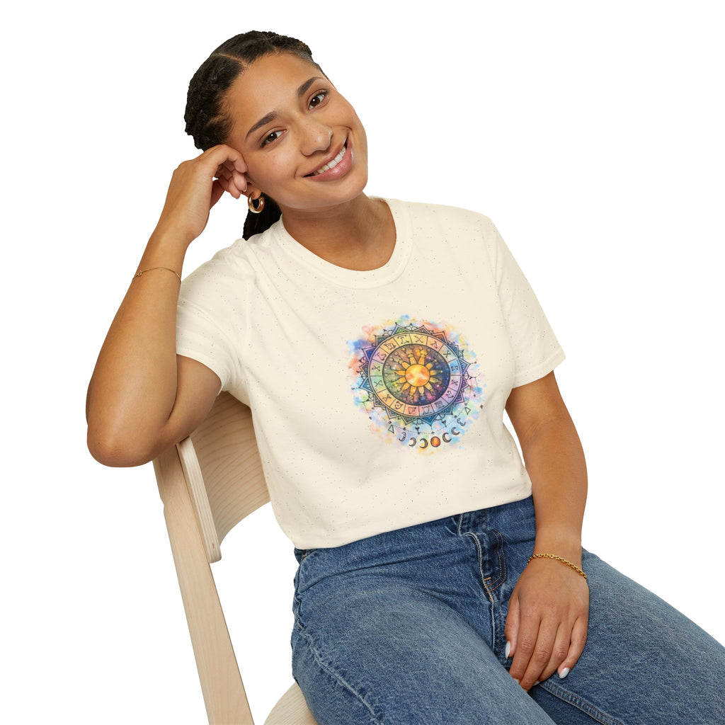 Sun & Moon Zodiac T-Shirt — Watercolor Astrological Mandala Tee
