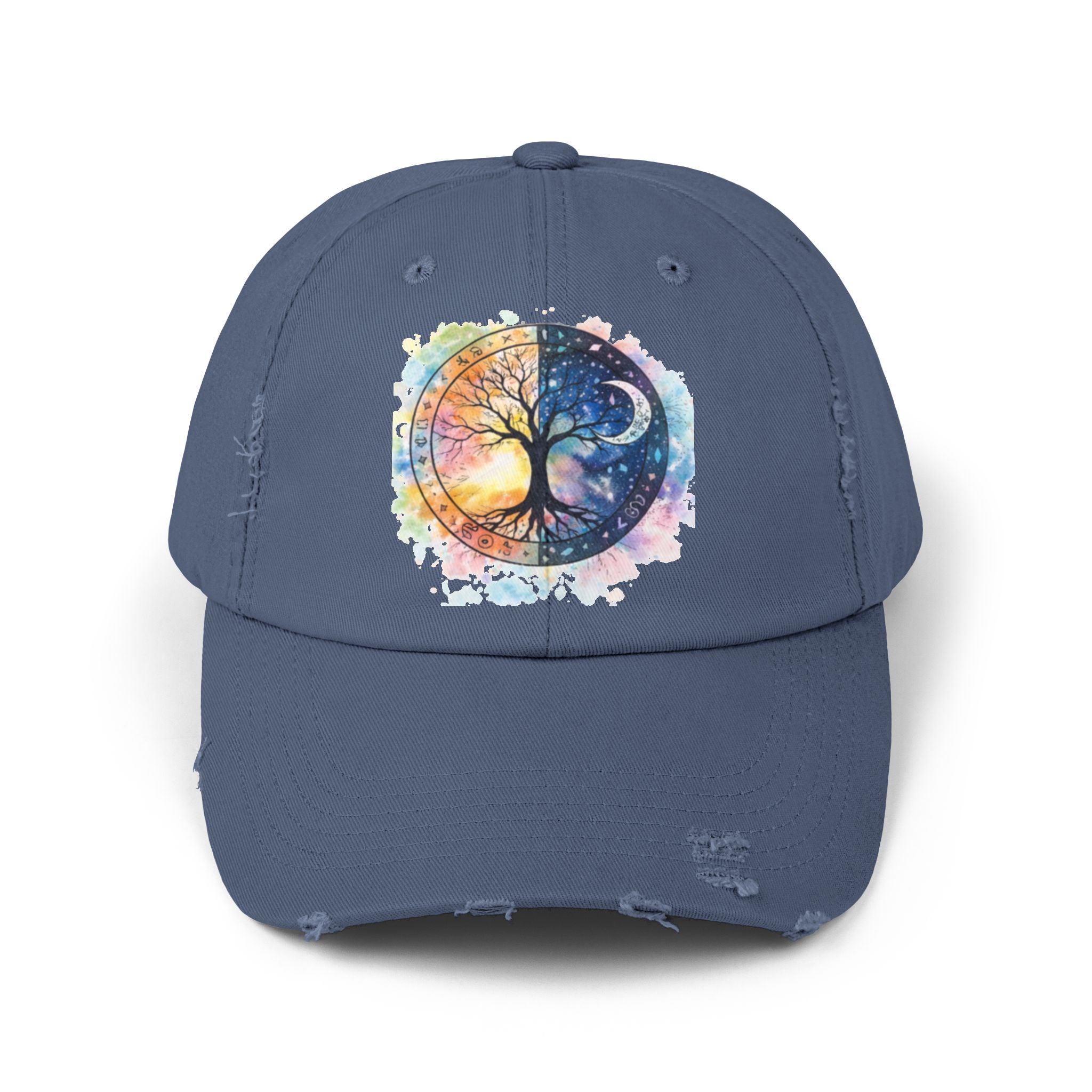 Distressed Cap — Watercolor Yin Yang Tree Baseball Hat