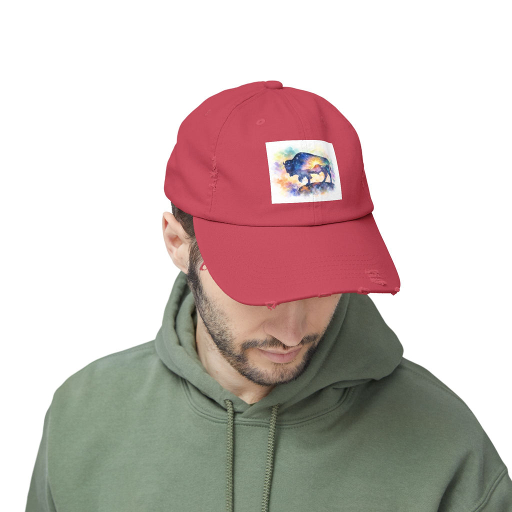 Distressed Buffalo Cap — Watercolor Bison Patch Hat