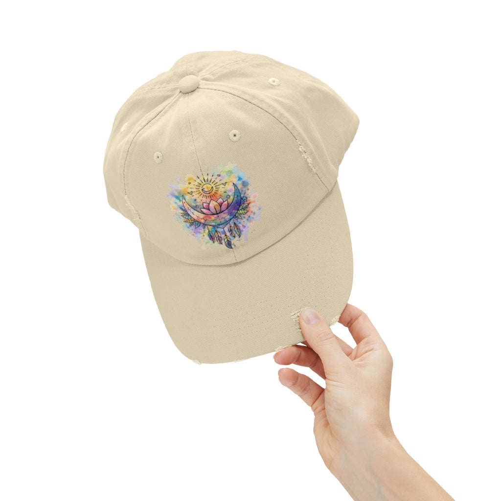 Distressed Cap with Watercolor Lotus & Crescent Moon — Boho Yoga Hat