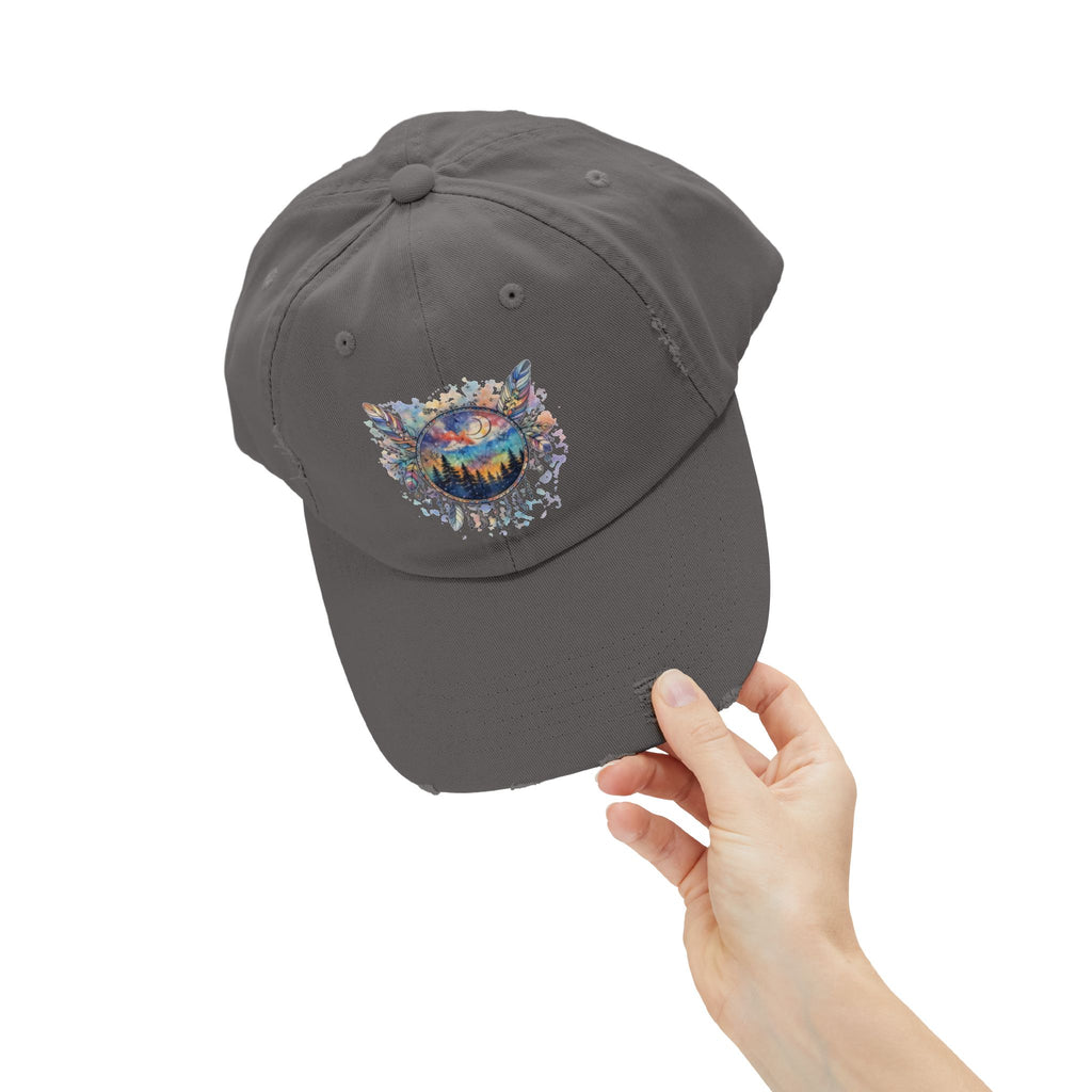 Wolf Moon Distressed Cap — Watercolor Nightscape Hat