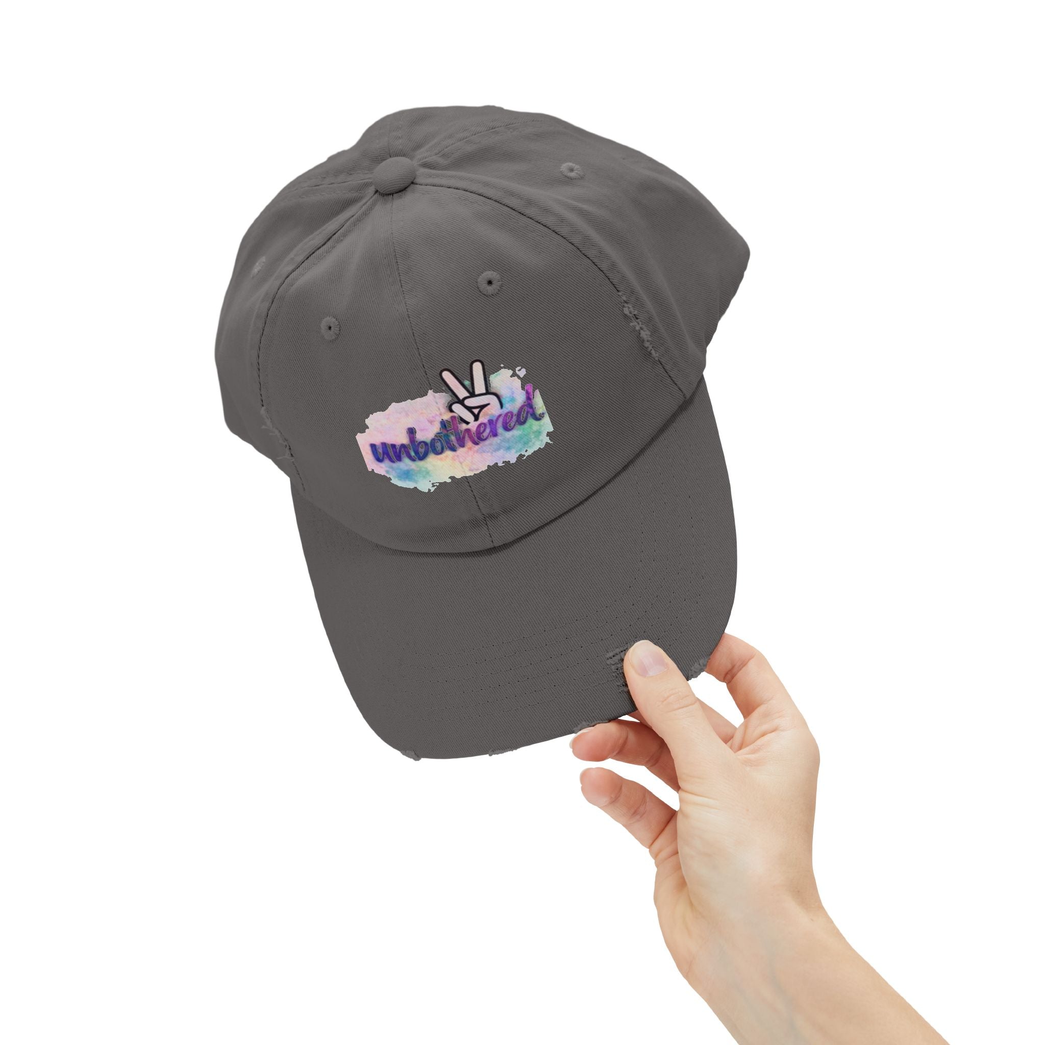 Unbothered Distressed Cap — Pastel Peace Sign Baseball Hat
