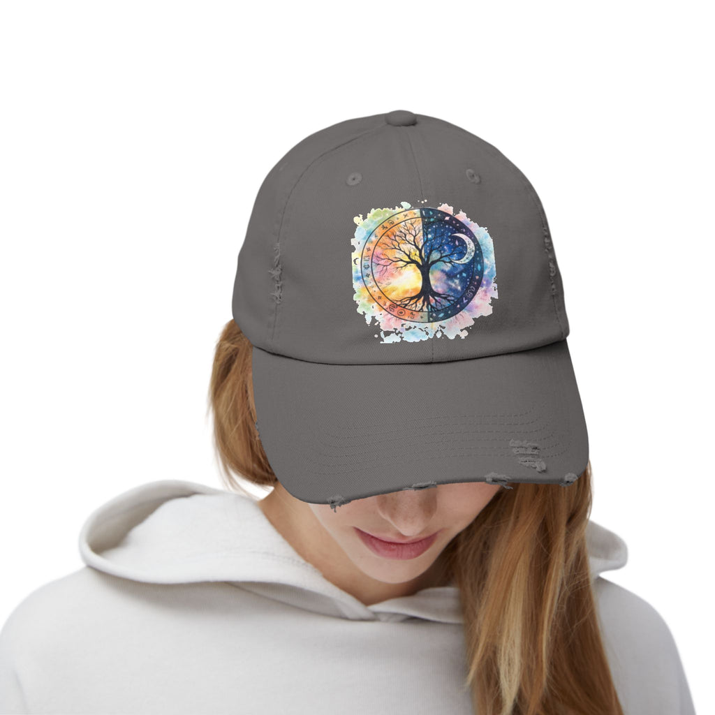 Distressed Cap — Watercolor Yin Yang Tree Baseball Hat