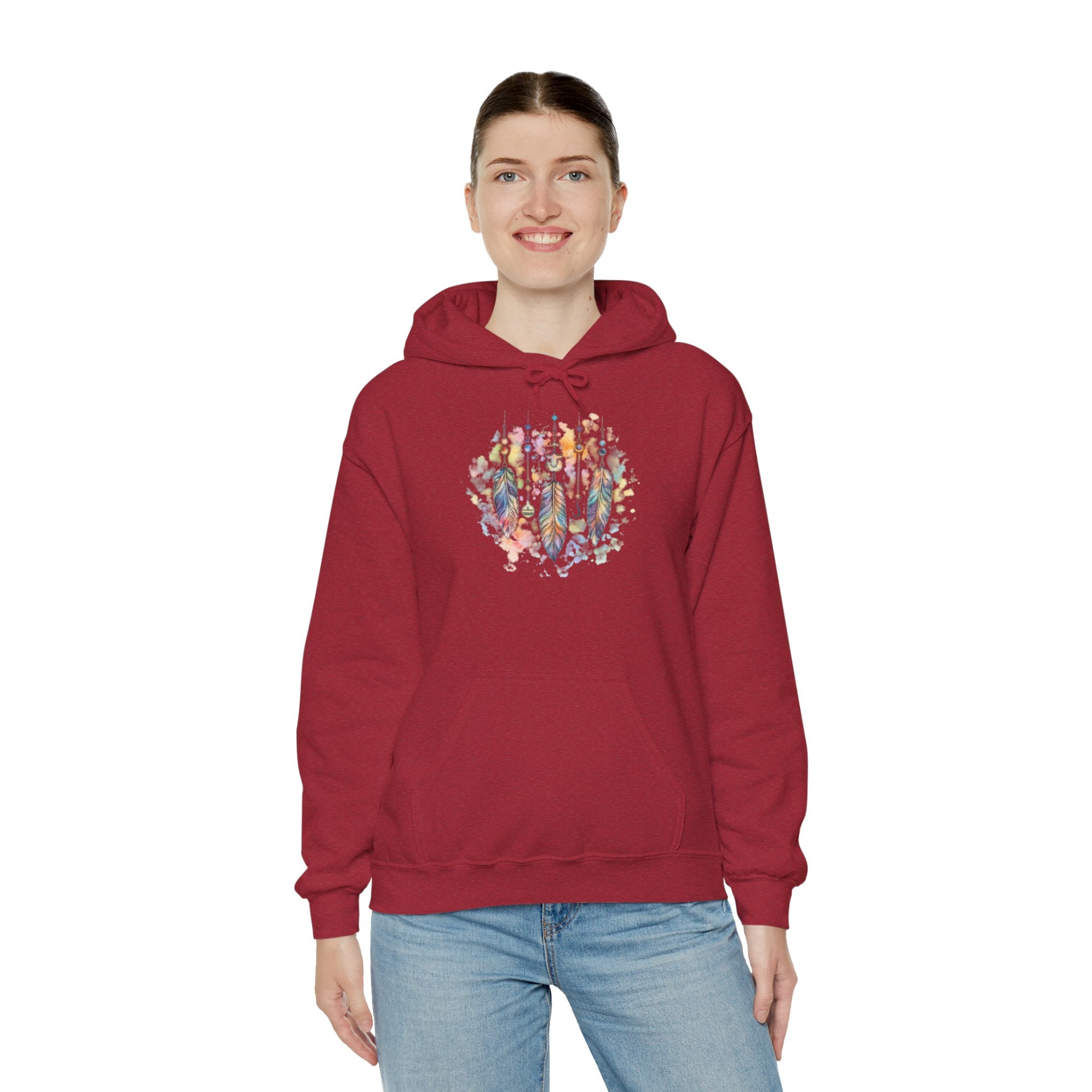 Boho Feather Dreamcatcher Hoodie — Watercolor Tribal Feathers Pullover