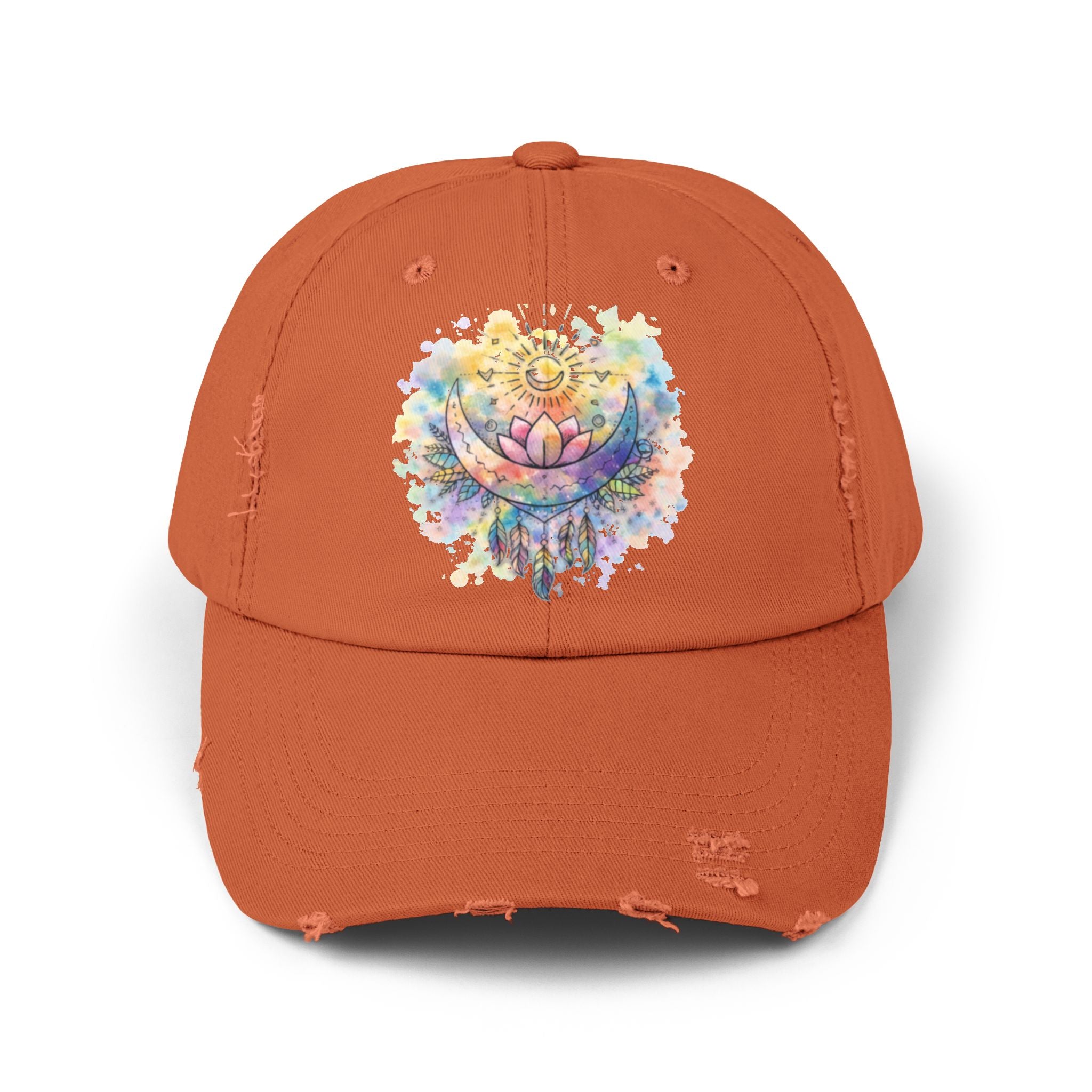 Distressed Cap with Watercolor Lotus & Crescent Moon — Boho Yoga Hat