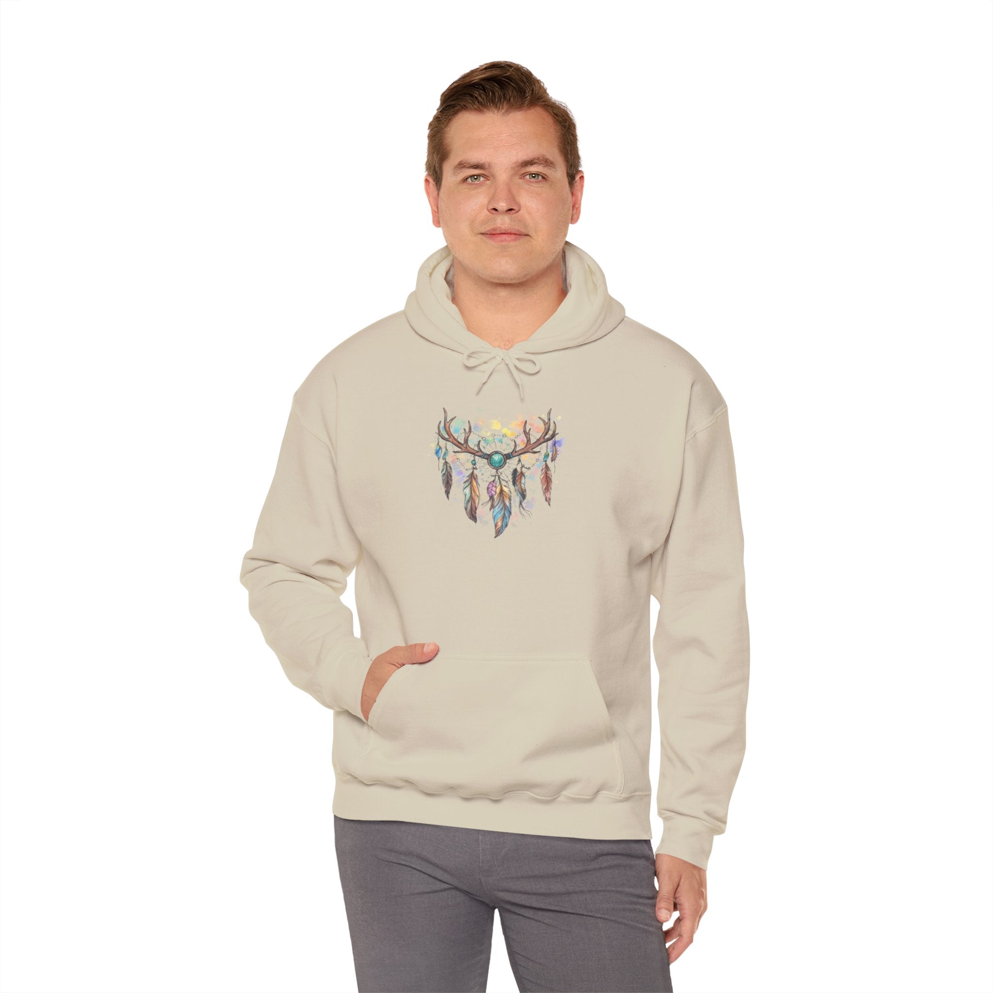 Dreamcatcher Antler Hoodie — Watercolor Feathers & Floral Boho Sweatshirt