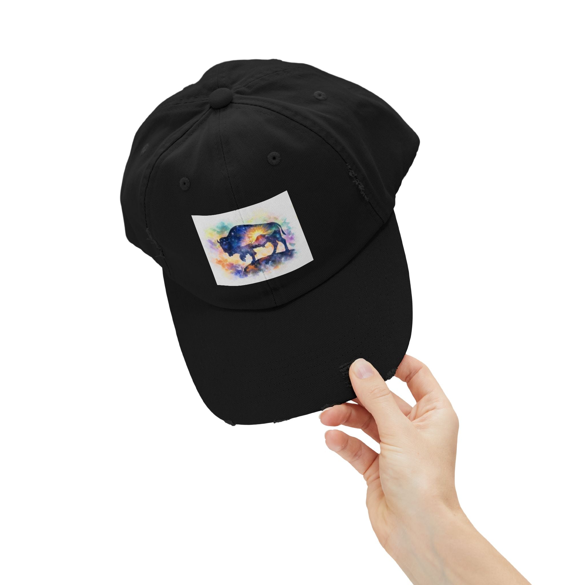 Distressed Buffalo Cap — Watercolor Bison Patch Hat