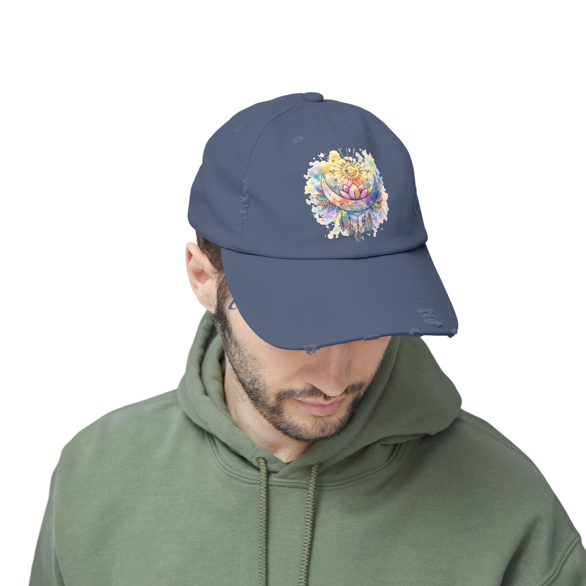 Distressed Cap with Watercolor Lotus & Crescent Moon — Boho Yoga Hat