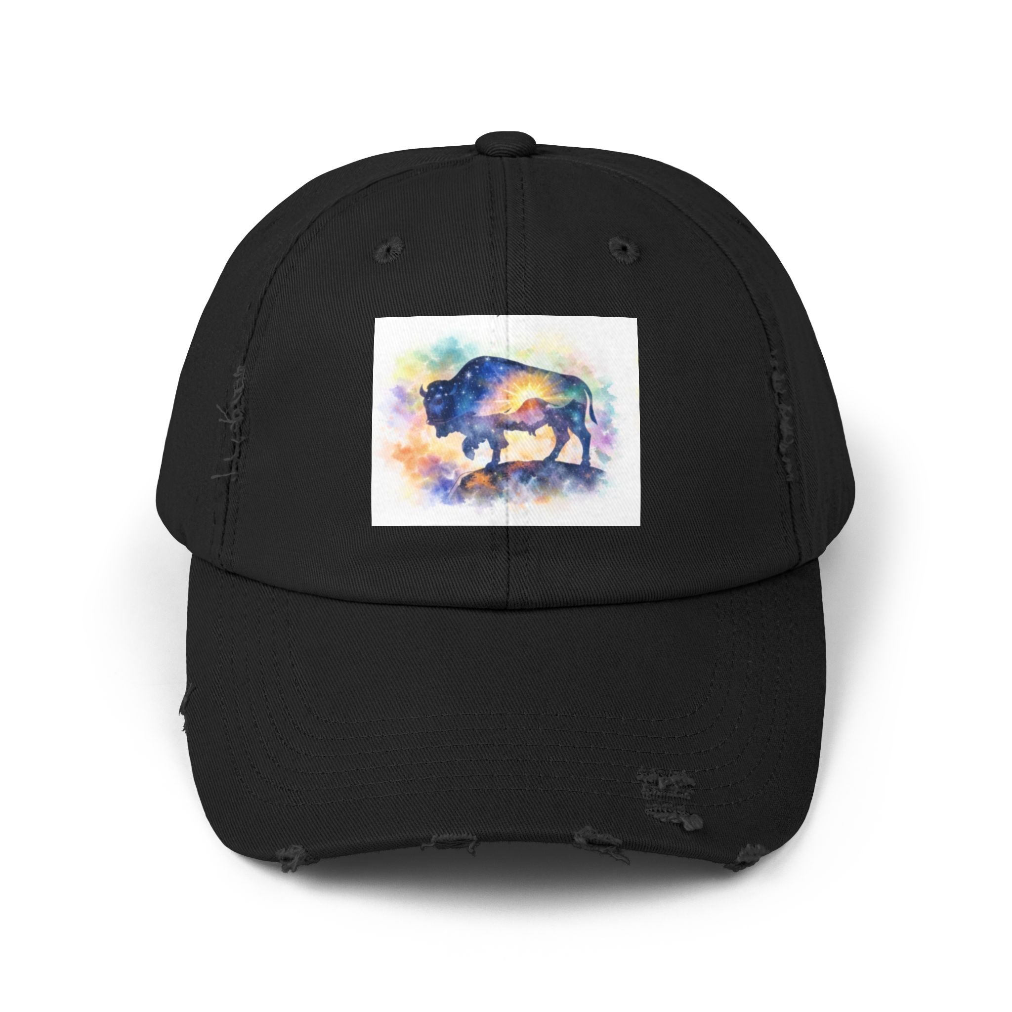 Distressed Buffalo Cap — Watercolor Bison Patch Hat