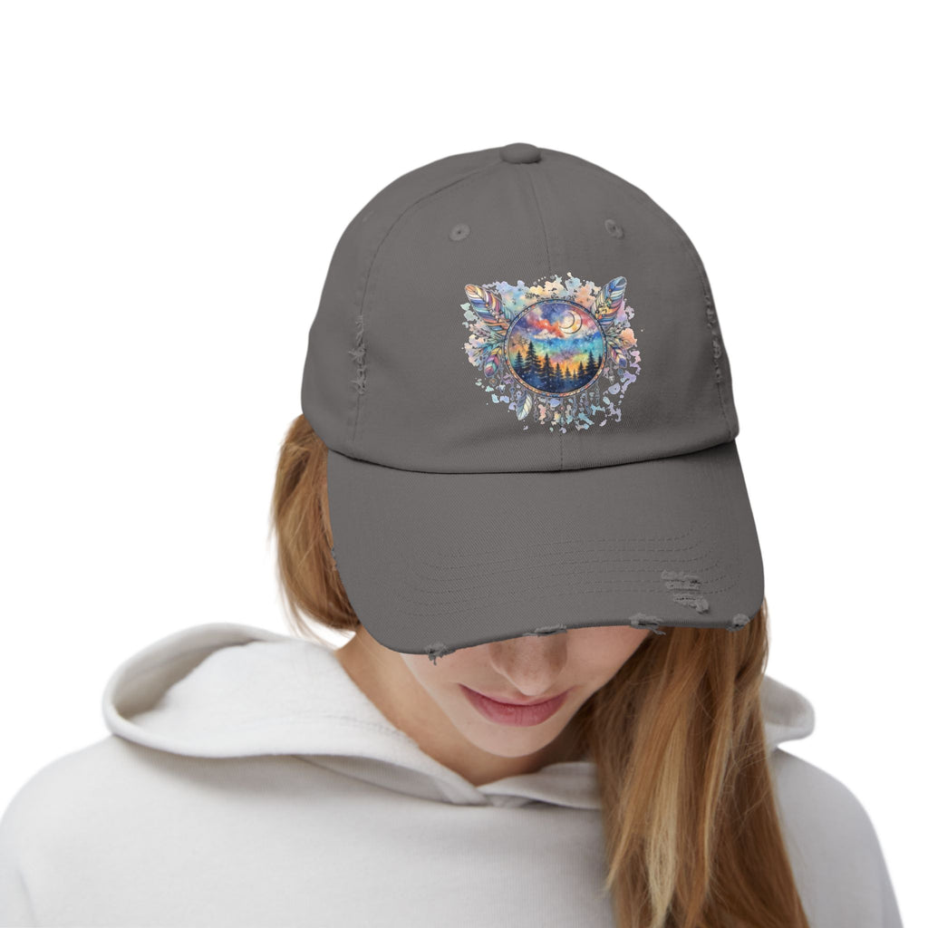 Wolf Moon Distressed Cap — Watercolor Nightscape Hat