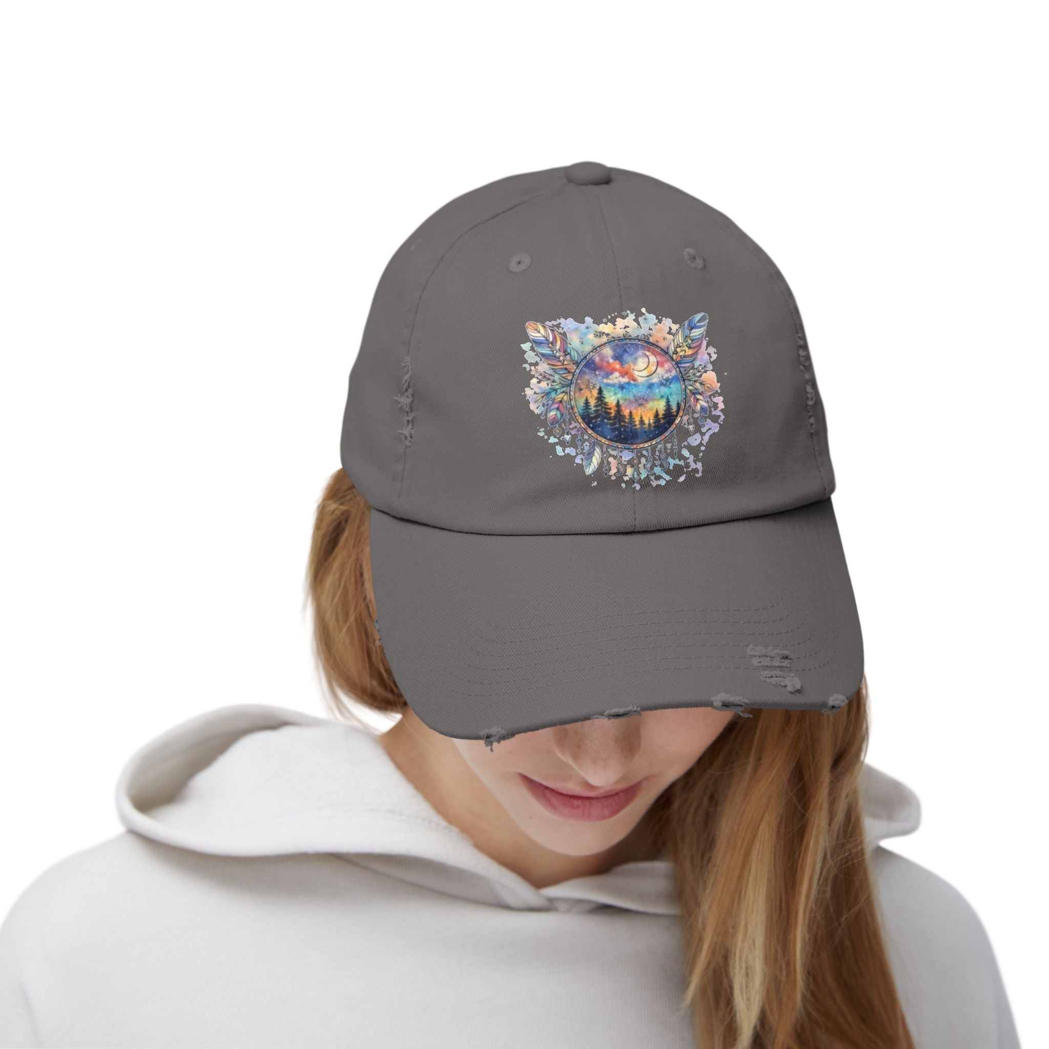Wolf Moon Distressed Cap — Watercolor Nightscape Hat