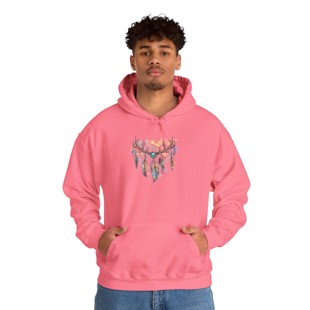 Dreamcatcher Antler Hoodie — Watercolor Feathers & Floral Boho Sweatshirt