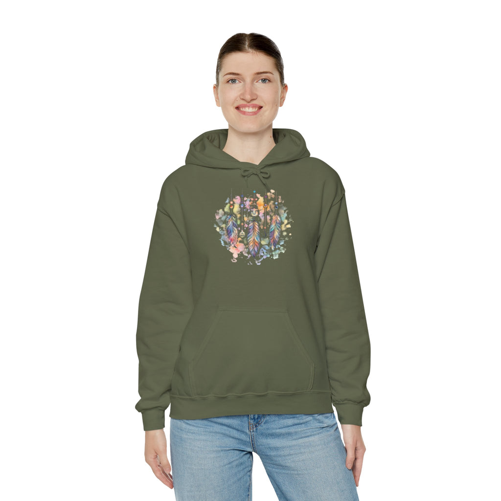 Boho Feather Dreamcatcher Hoodie — Watercolor Tribal Feathers Pullover