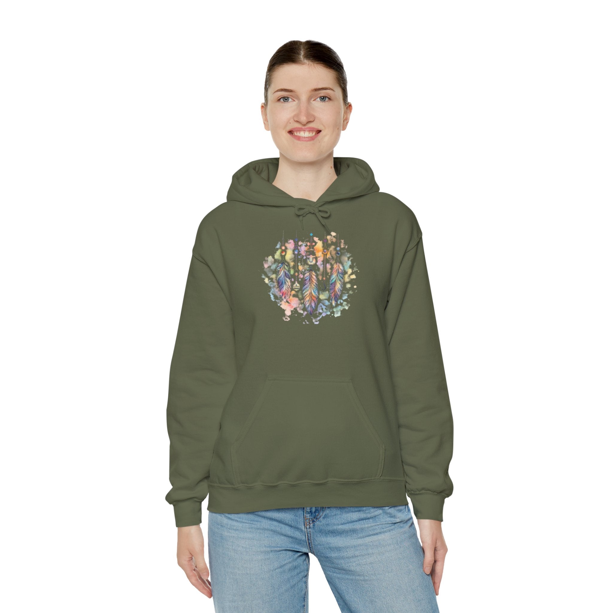 Boho Feather Dreamcatcher Hoodie — Watercolor Tribal Feathers Pullover