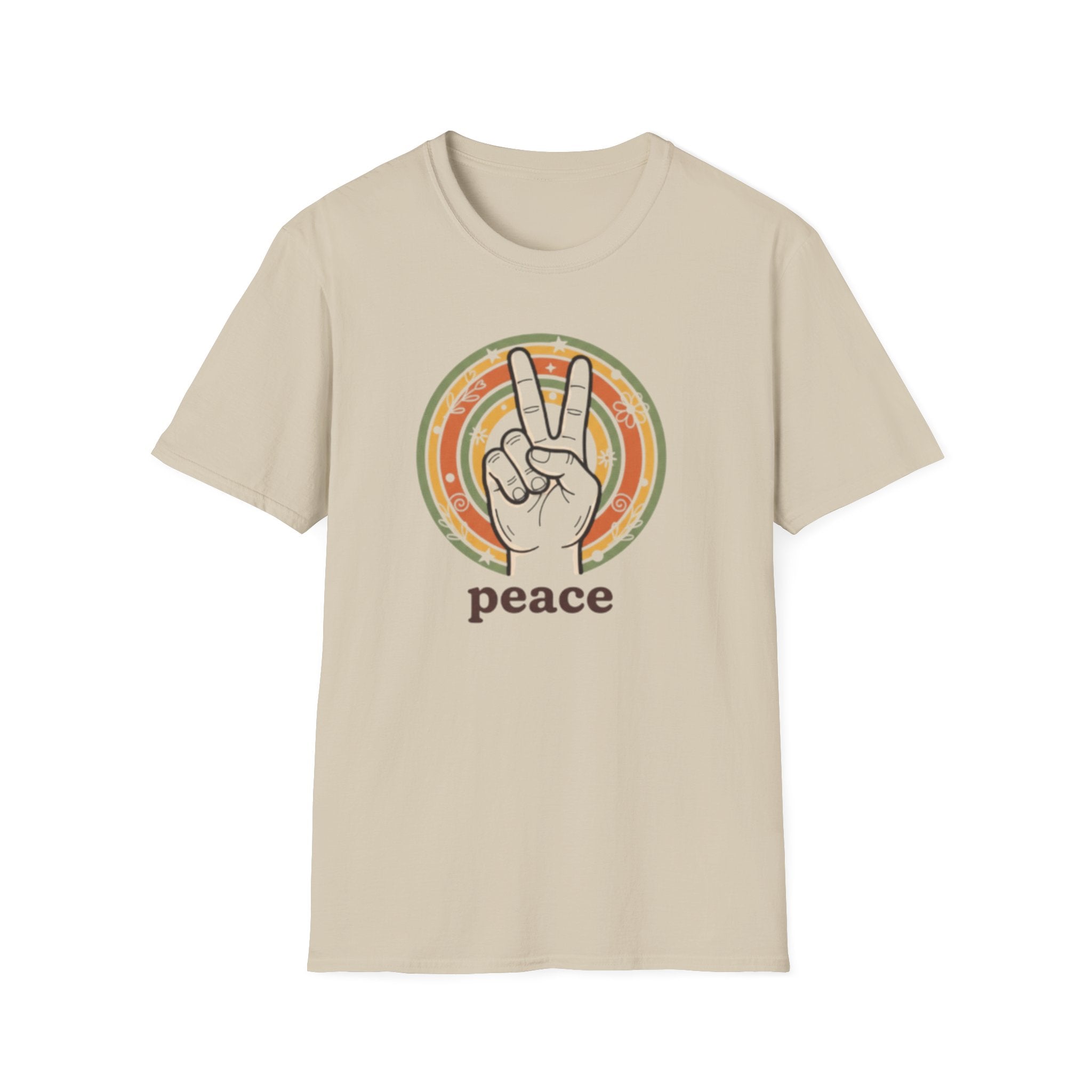 Peace Hand Sign T-Shirt | Retro Rainbow Circle, Vintage Hippie Vibe