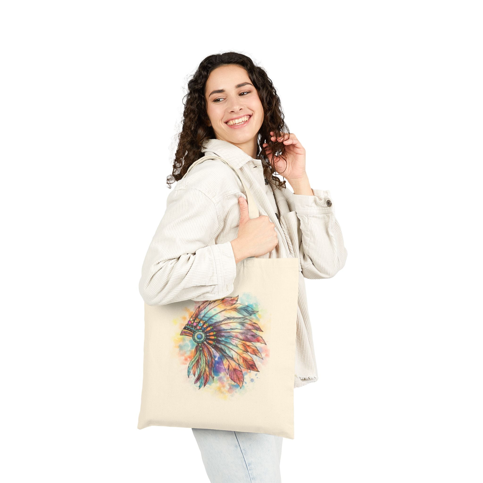 Watercolor Native Headdress Tote Bag | Feather Boho Canvas