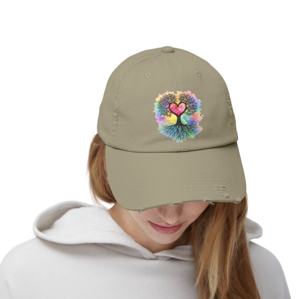 Distressed Dad Hat with Colorful Heart Tree Of Life  Design — Boho Love Cap