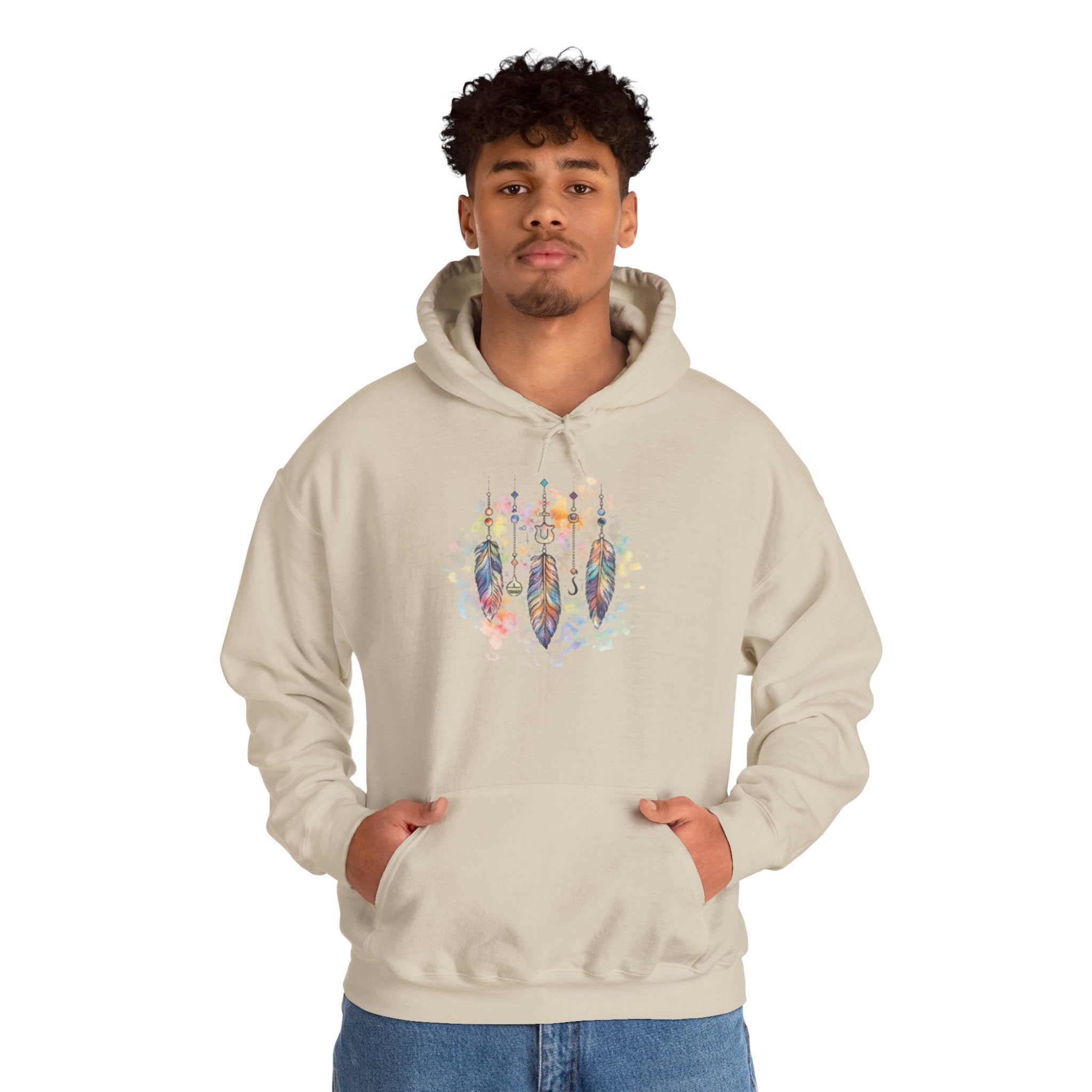 Boho Feather Dreamcatcher Hoodie — Watercolor Tribal Feathers Pullover
