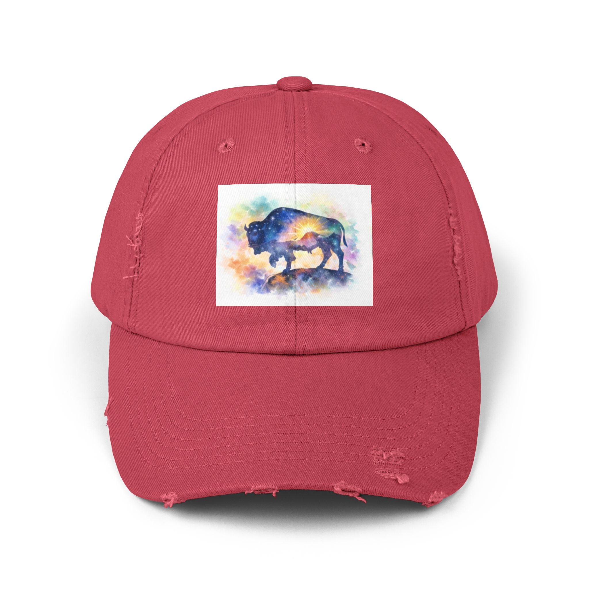 Distressed Buffalo Cap — Watercolor Bison Patch Hat