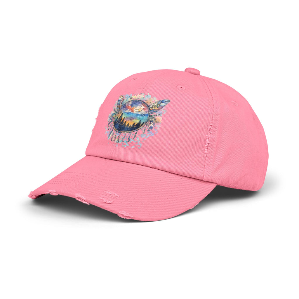 Wolf Moon Distressed Cap — Watercolor Nightscape Hat