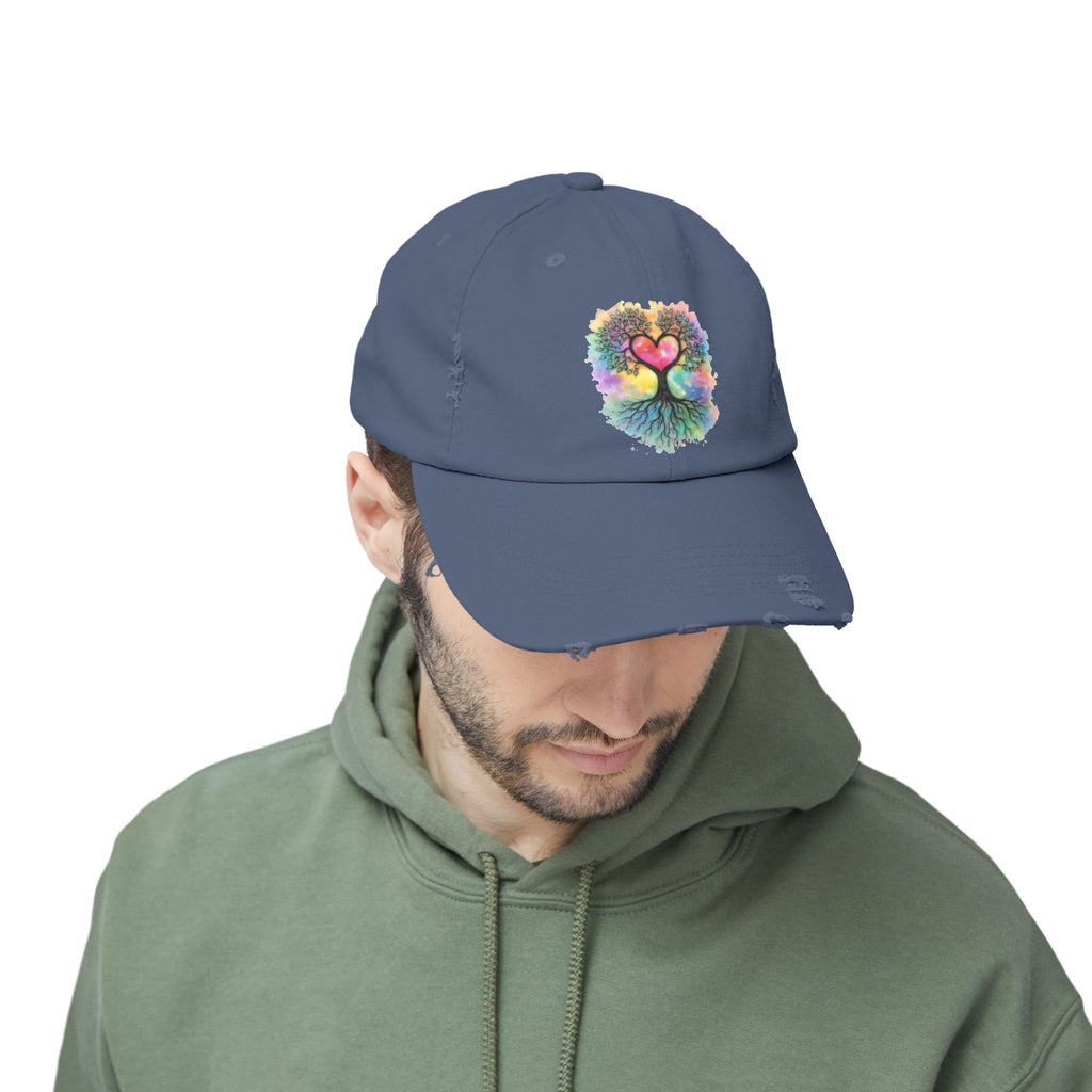 Distressed Dad Hat with Colorful Heart Tree Of Life  Design — Boho Love Cap