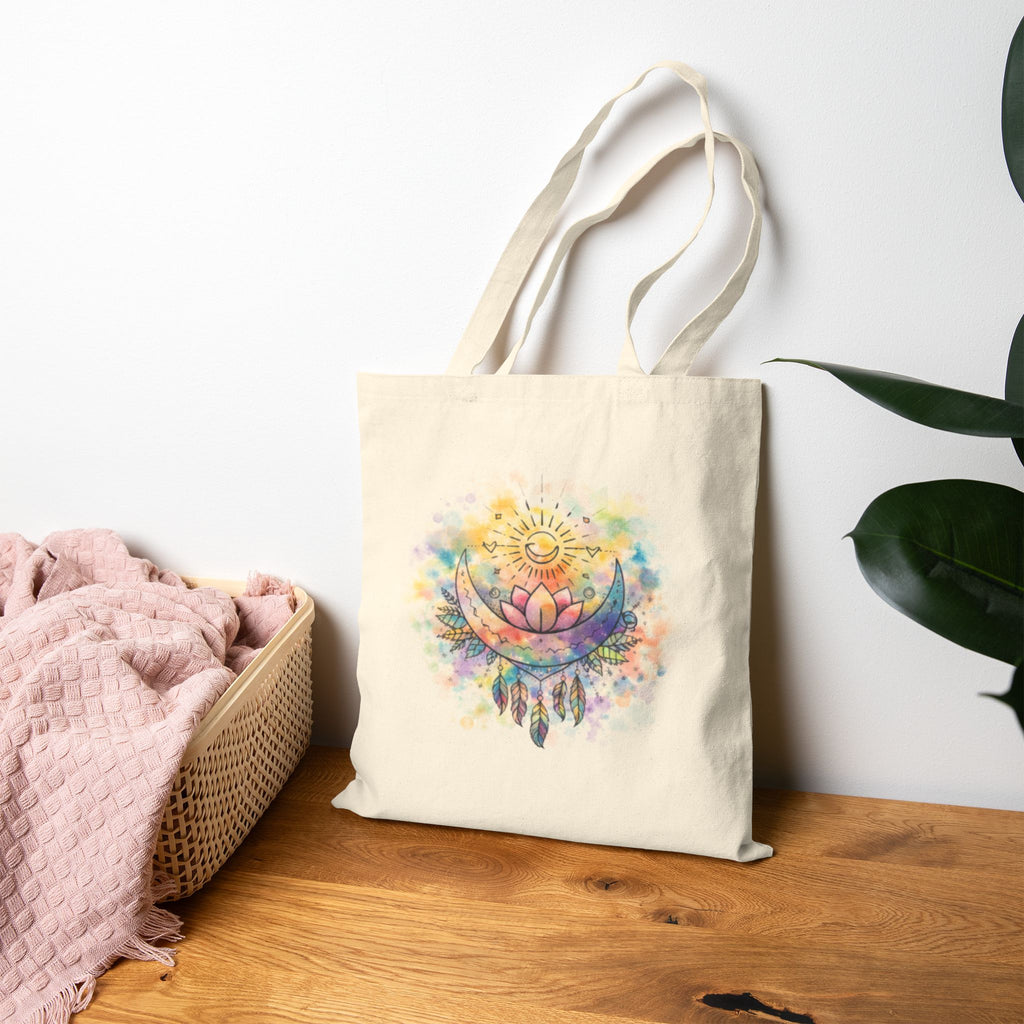 Boho Watercolor Lotus & Sun Spiritual Cotton Canvas Tote