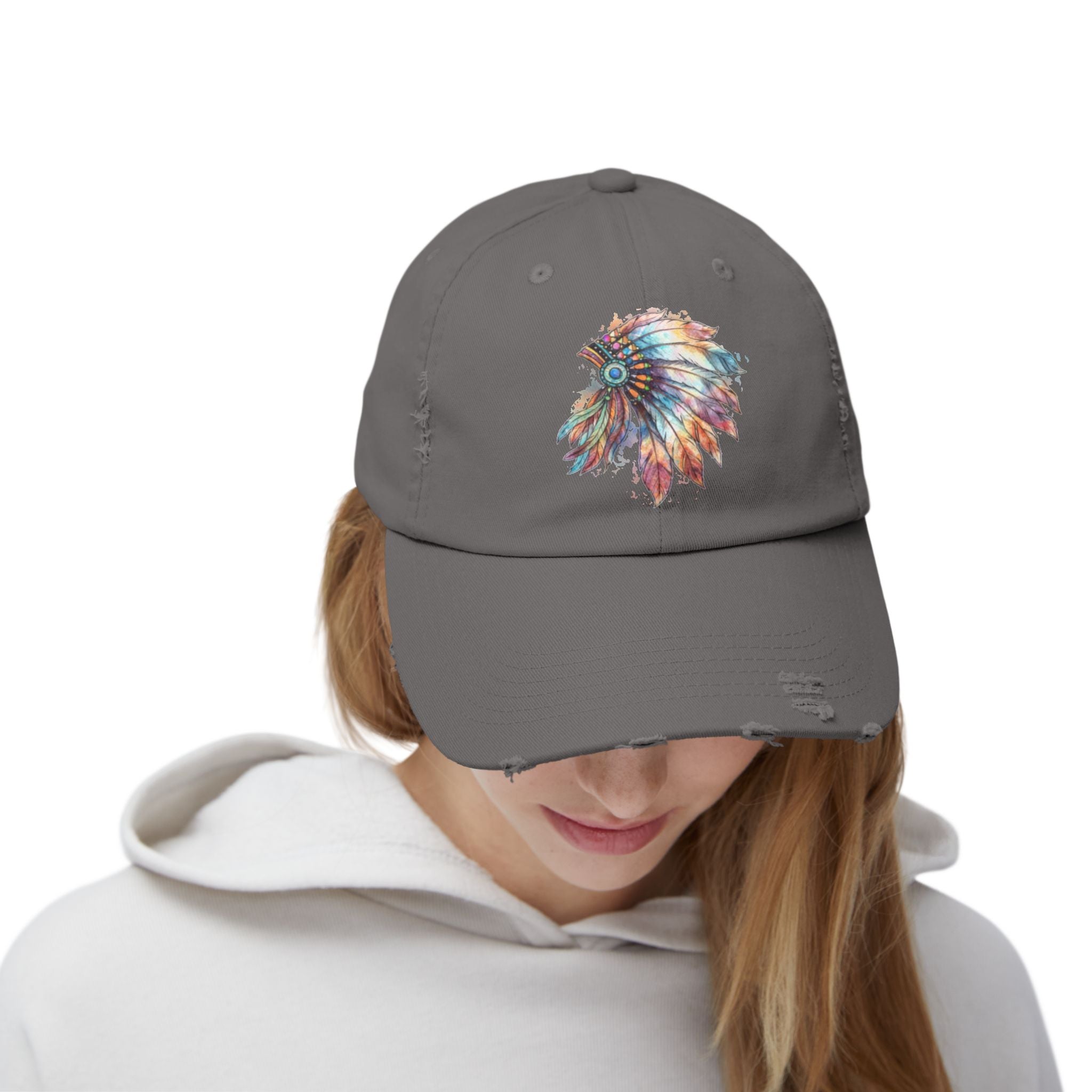 Distressed Cap with Colorful Watercolor Native Feather Headdress