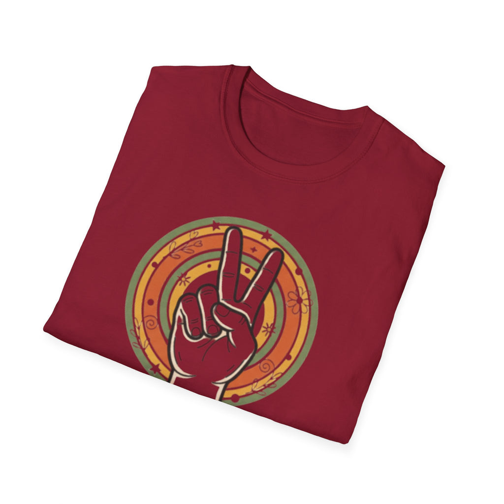 Peace Hand Sign T-Shirt | Retro Rainbow Circle, Vintage Hippie Vibe