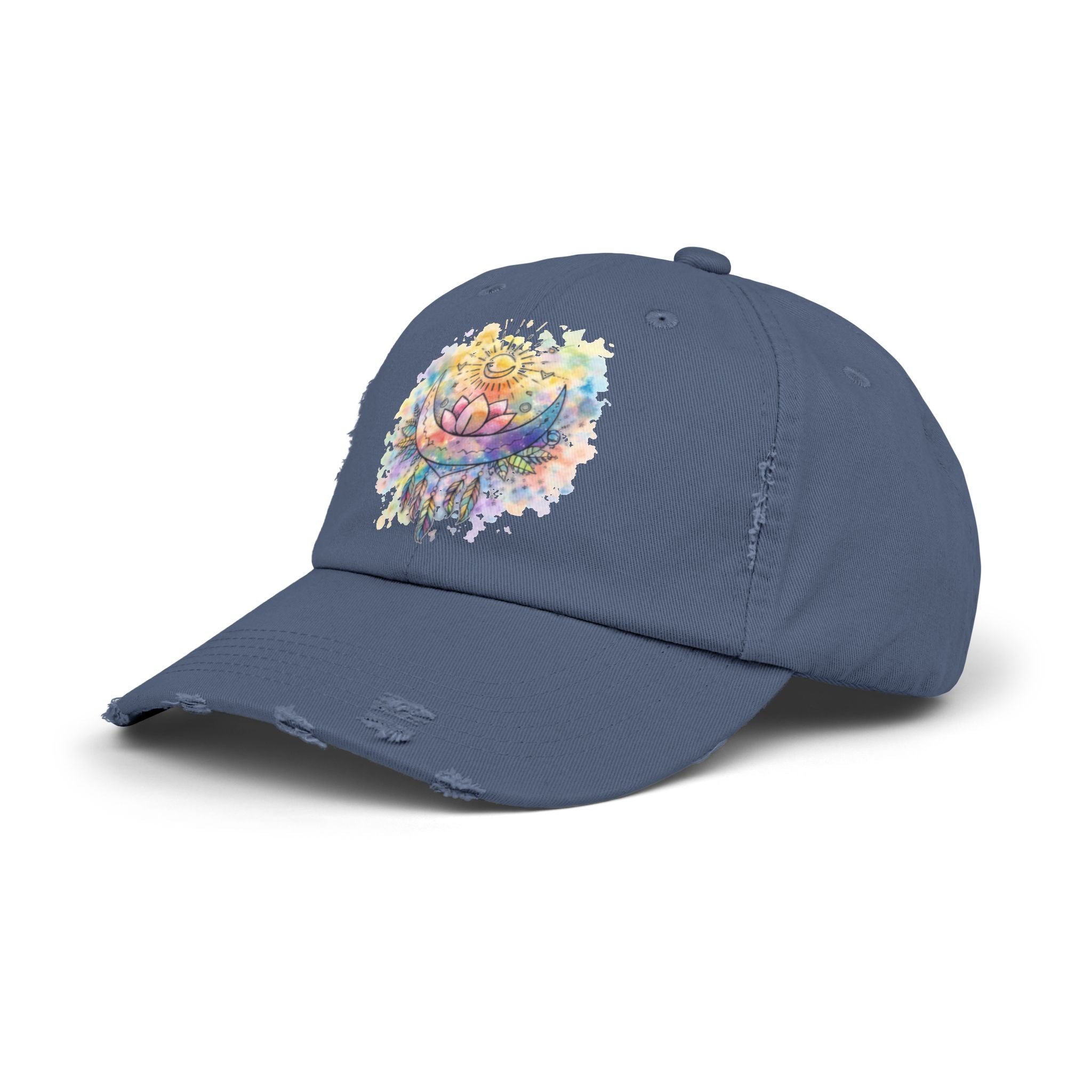 Distressed Cap with Watercolor Lotus & Crescent Moon — Boho Yoga Hat